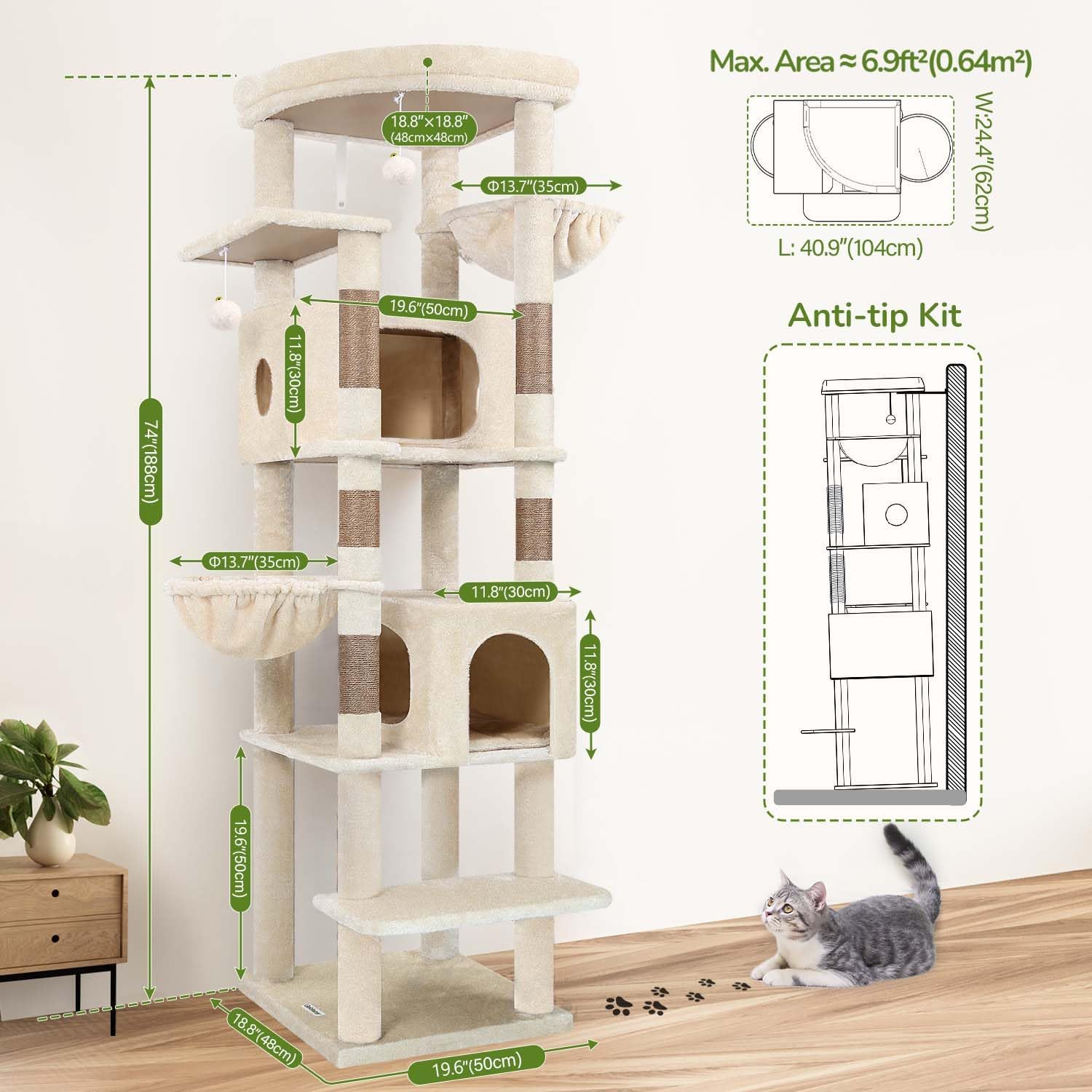 Thumbnail 6 de Globlazer S74 Cat Tree Tower, 5 Levels, Sisal Posts and Two Cat Condos