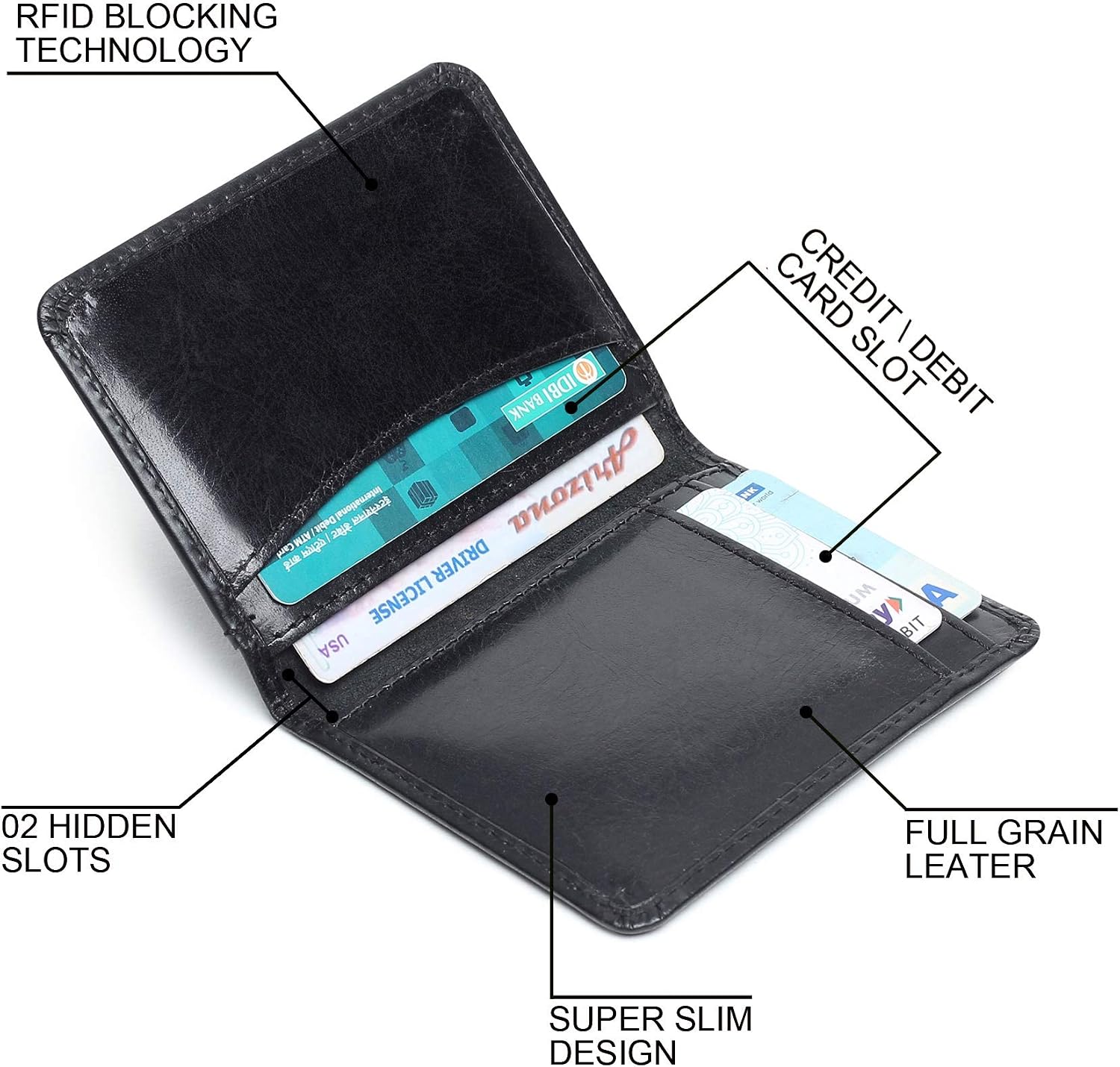 Detalle de FOXHACKLE leather credit card wallet – thin RFID blocking bifold card holder (6 slots)