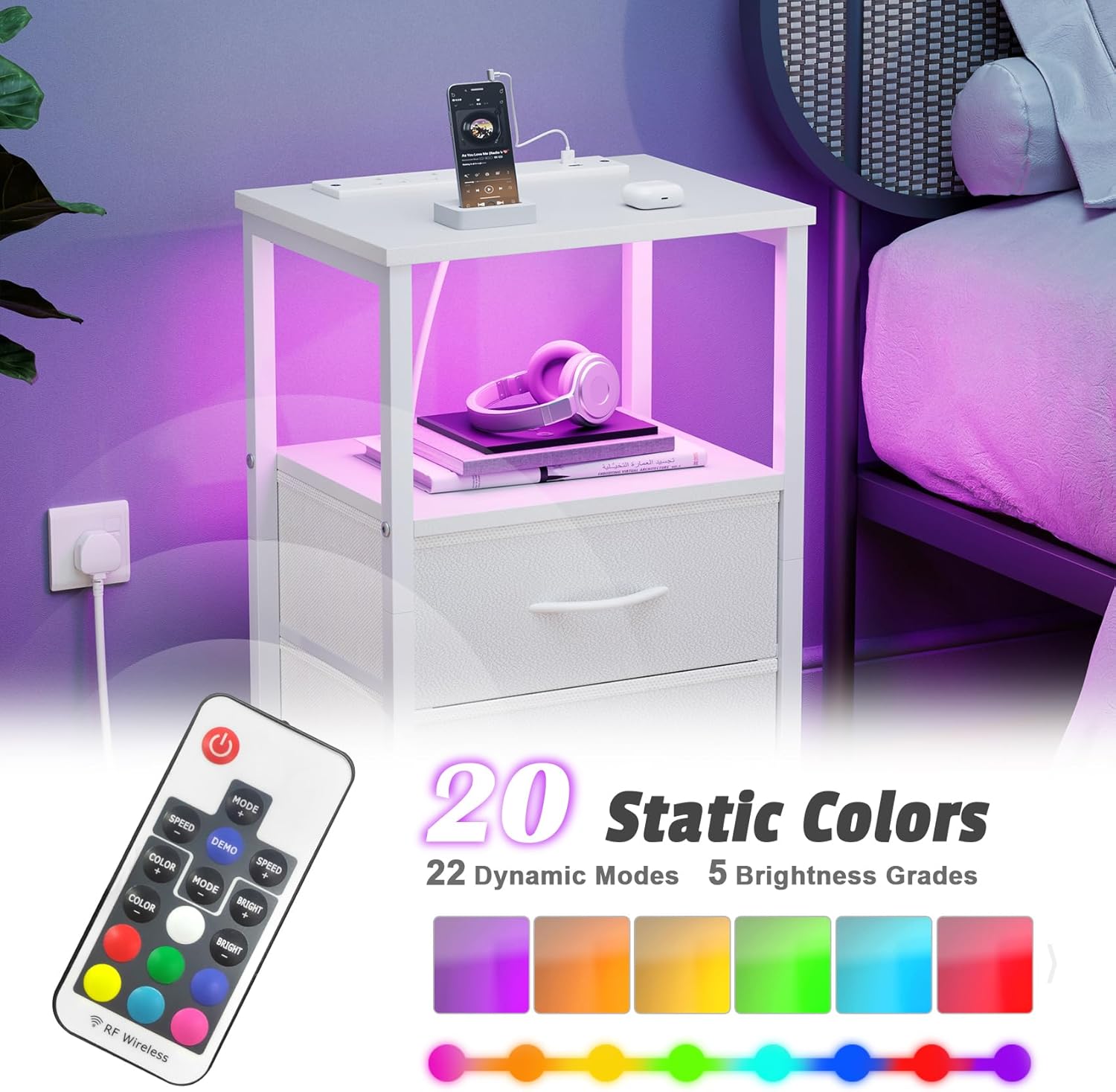 Detalle 2 de Yornoli Bedside Table with Charging Station – 40cm Wide, White with LED Lights and Fabric Drawers