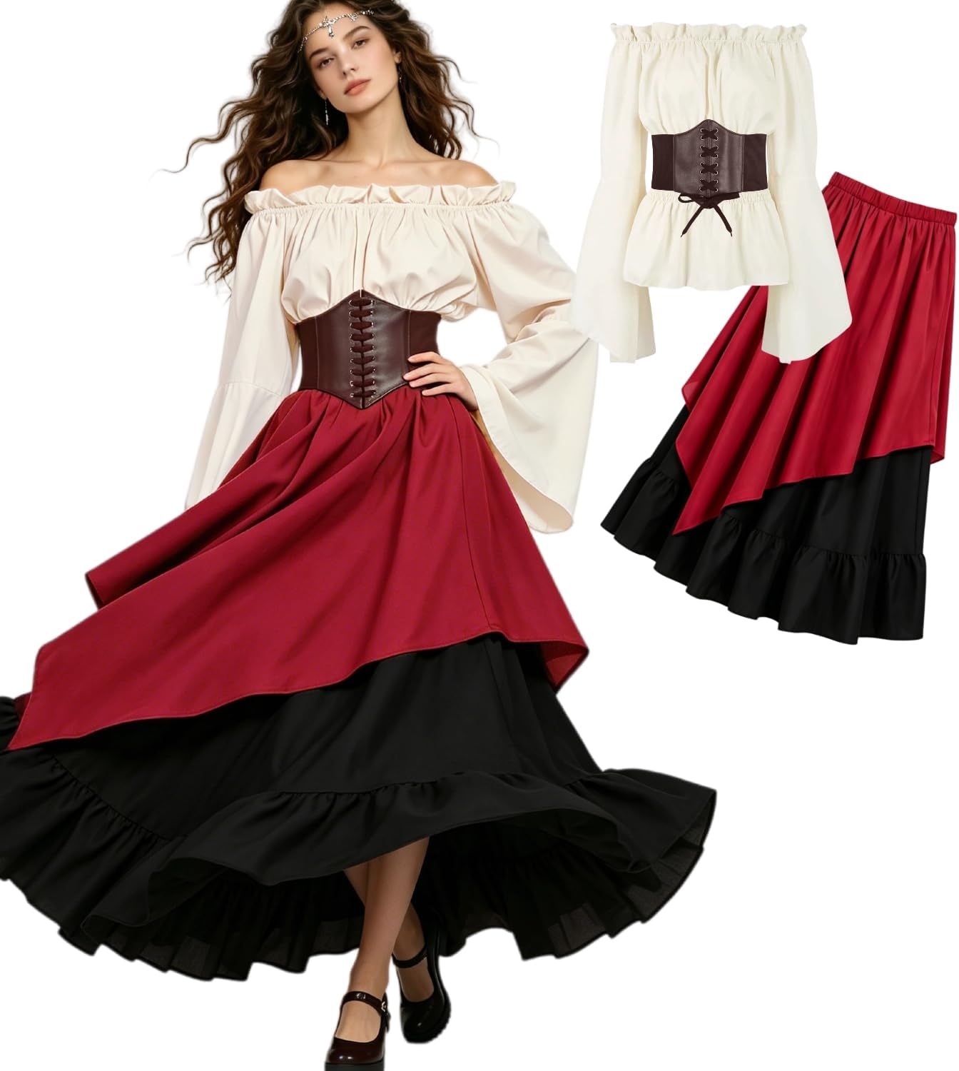 Detalle de Kasahara middeleeuws dameskostuum met offshoulderjurk, corset en riemtas