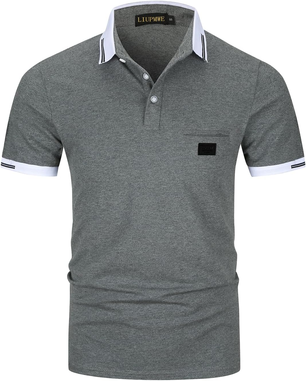 Detalle de LIUPMWE Poloshirt Herren Kurzarm Golf mit Tasche – Baumwolle, Kontrast-Ausschnitt