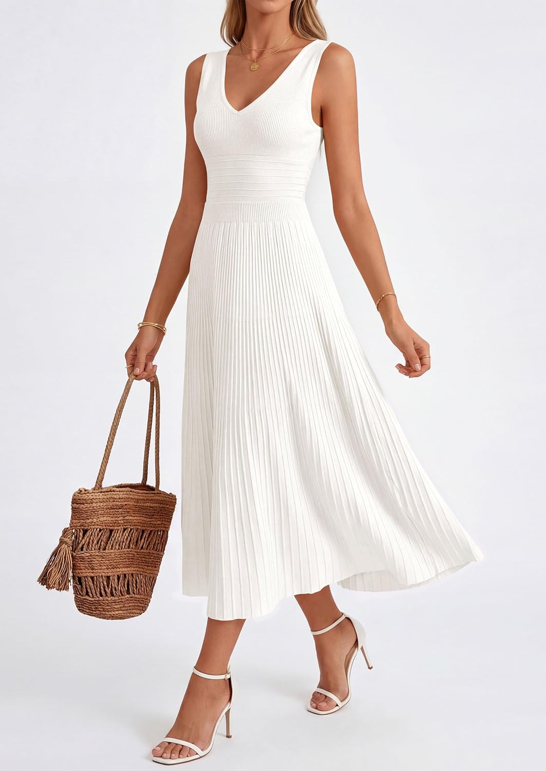 Thumbnail 4 de PRETTYGARDEN Summer Dresses for Women 2026: Pleated Midi Sleeveless V-Neck Dress