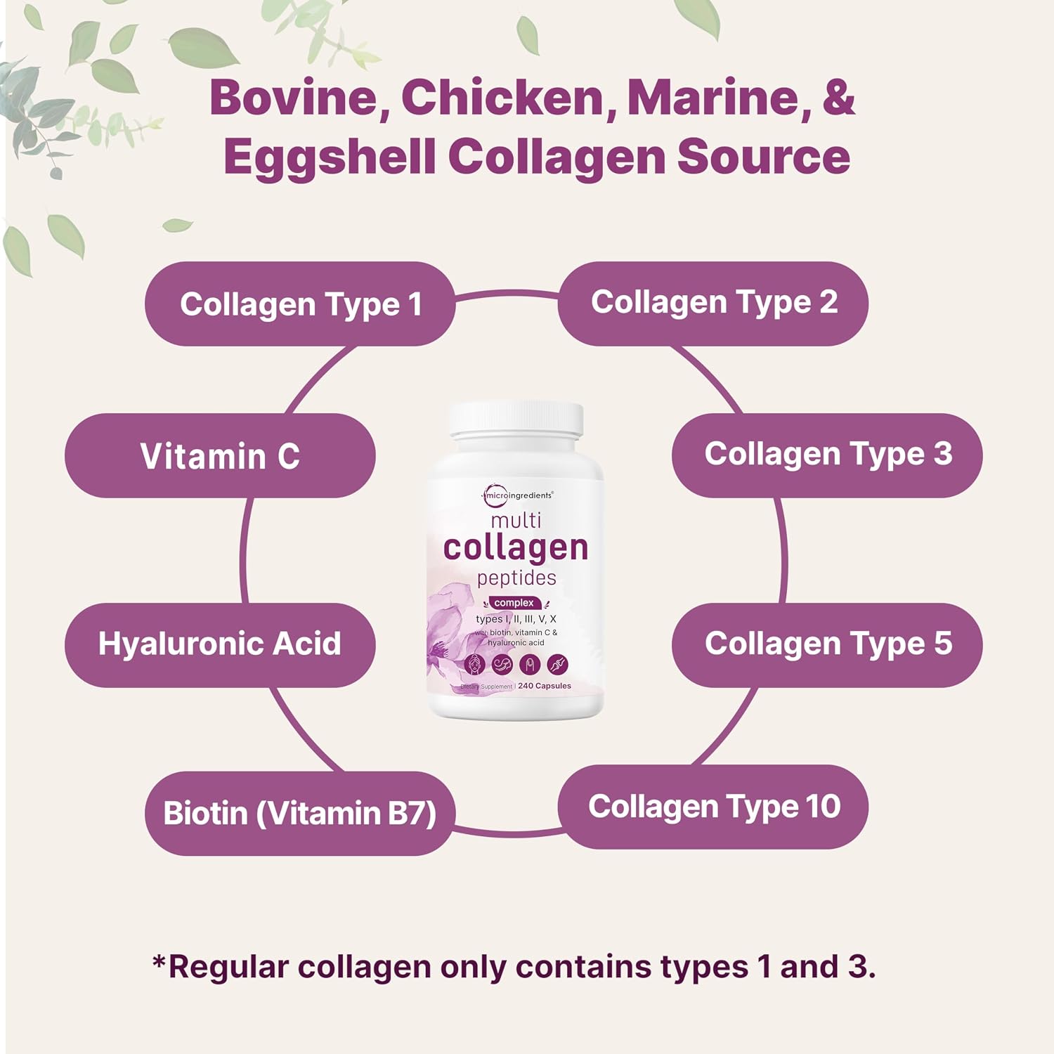 Detalle de Micro Ingredients Multi Collagen Peptides, 240 Capsules with Types I, II, III, V & X