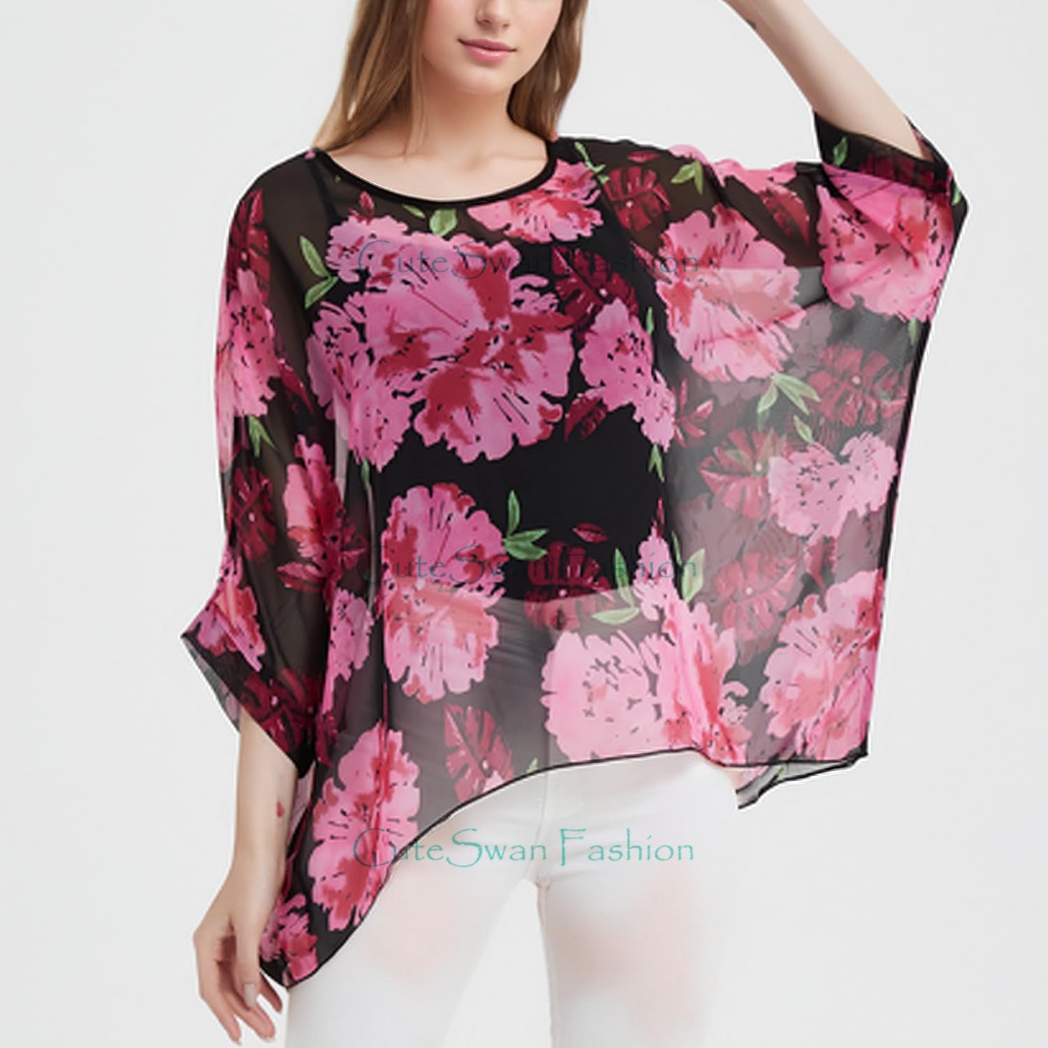Thumbnail 2 de CuteSwan women’s bohemian print chiffon blouse tunic top (loose V-neck, batwing sleeves)