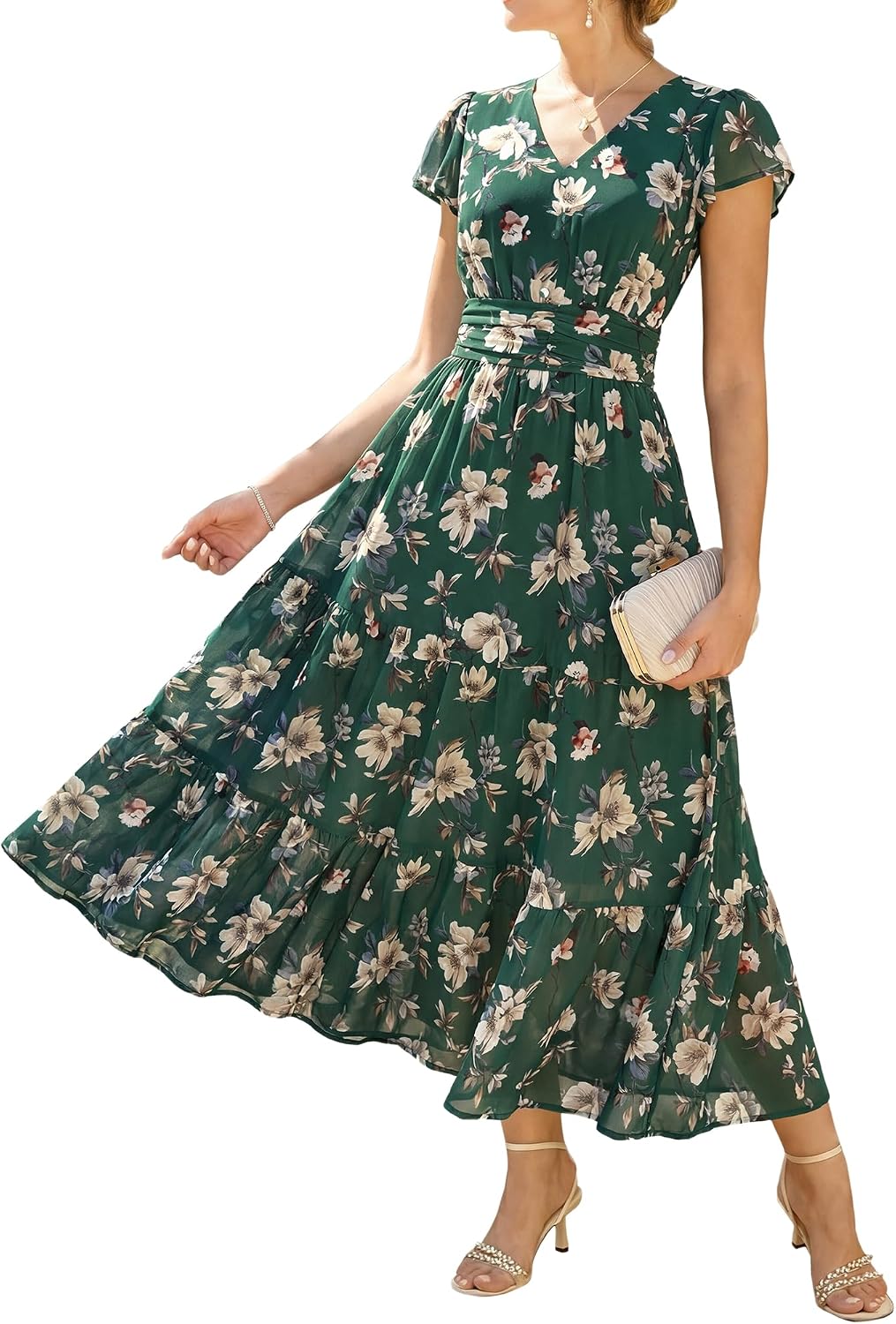 Detalle de GRACE KARIN 2026 Women’s Summer Maxi Dress with V-Neck, Pockets, and Floral Print