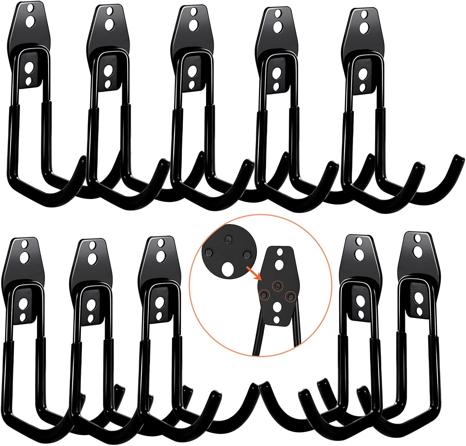 Detalle de 3-H J-M-10-S garagehaken, 10 dubbele stalen wandhaken met antislipcoating