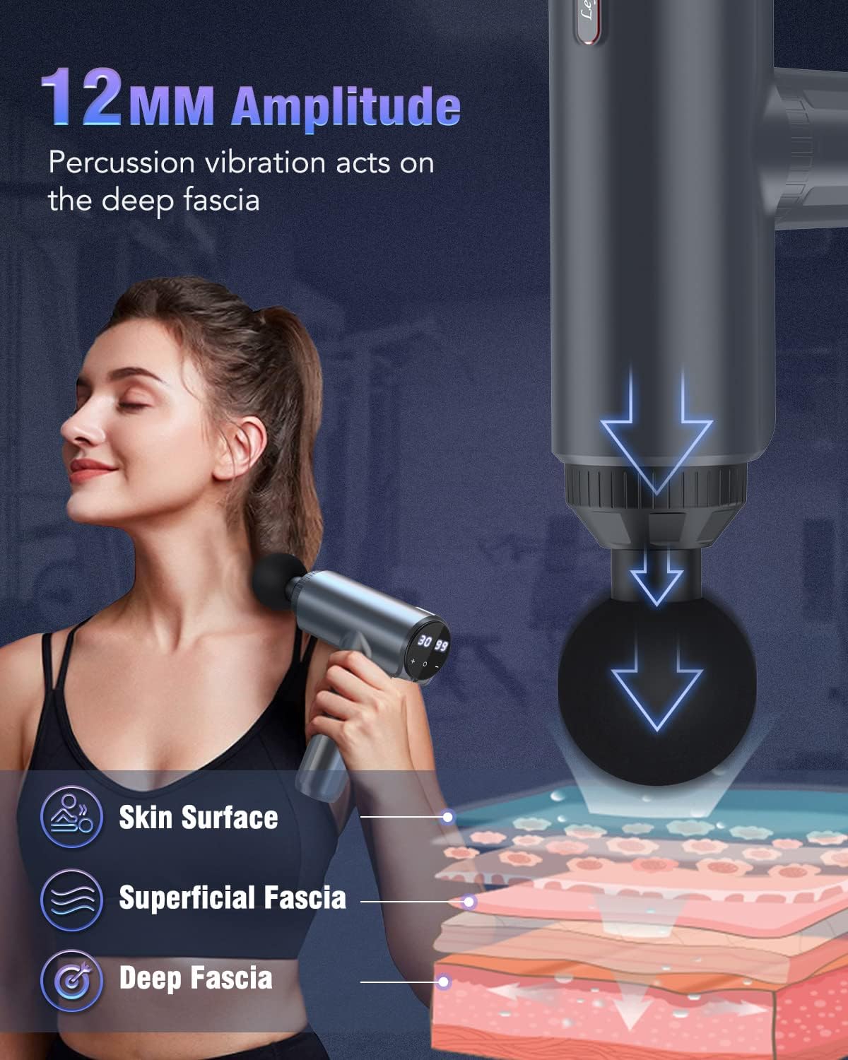 Detalle de Lefity Massagepistole – Tiefenmassage mit 30 Geschwindigkeiten, 6 Aufsätzen, USB-C, leise 45 dB, 750 g