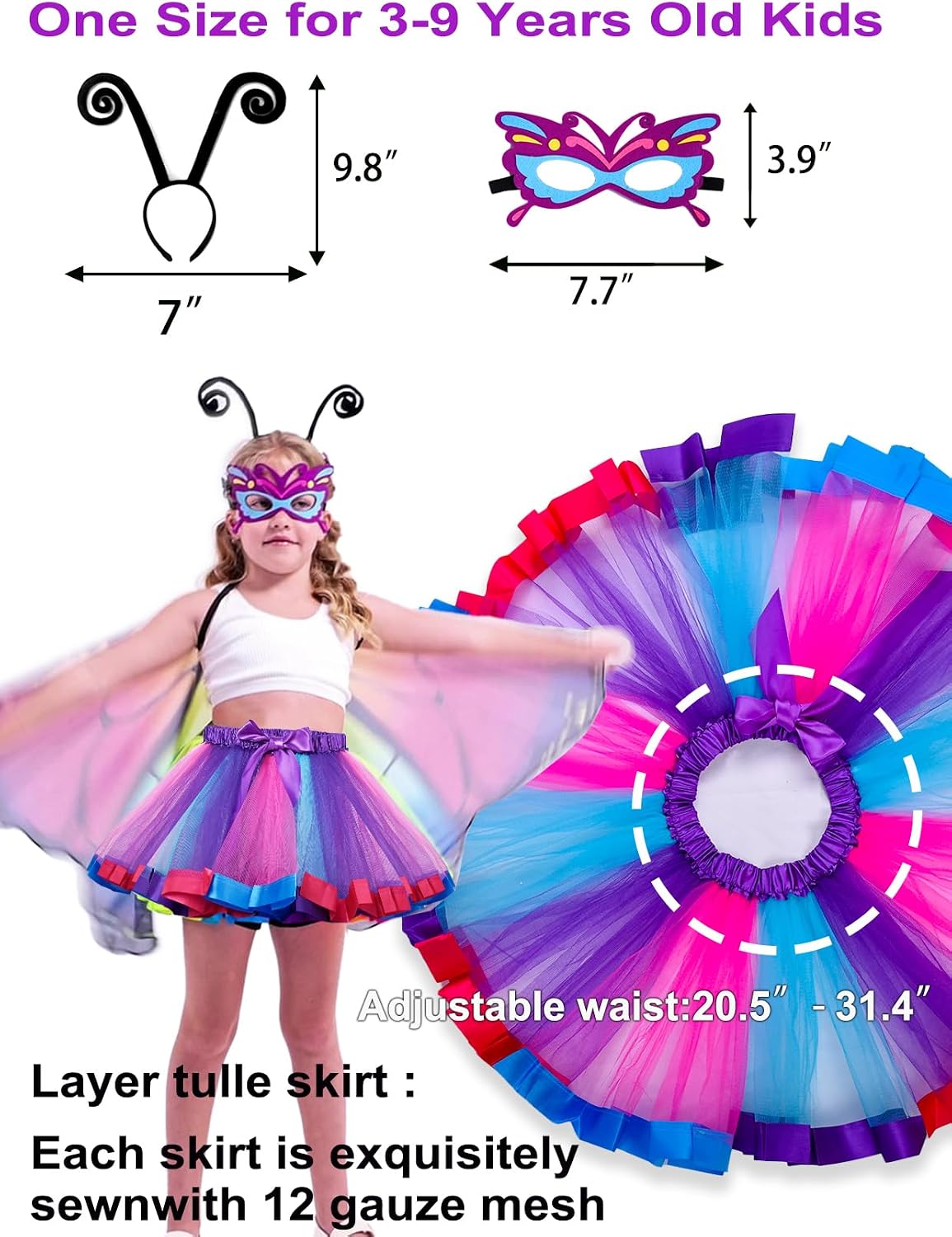 Detalle de Aimeiar Butterfly Costume for Girls with Chiffon Wings and Rainbow Tutu