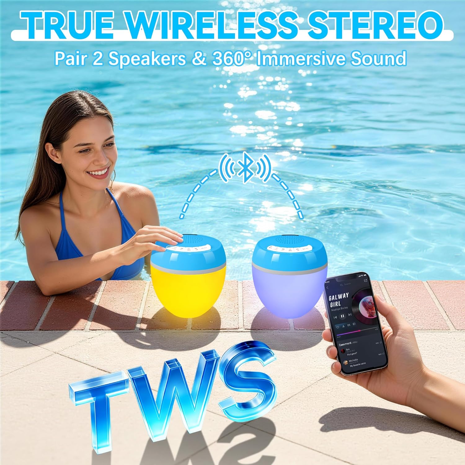 Detalle de AearKing 3 en 1 Enceinte Bluetooth Piscine: Thermomètre Numérique, Lumière Ambiance et Son Stéréo IP68