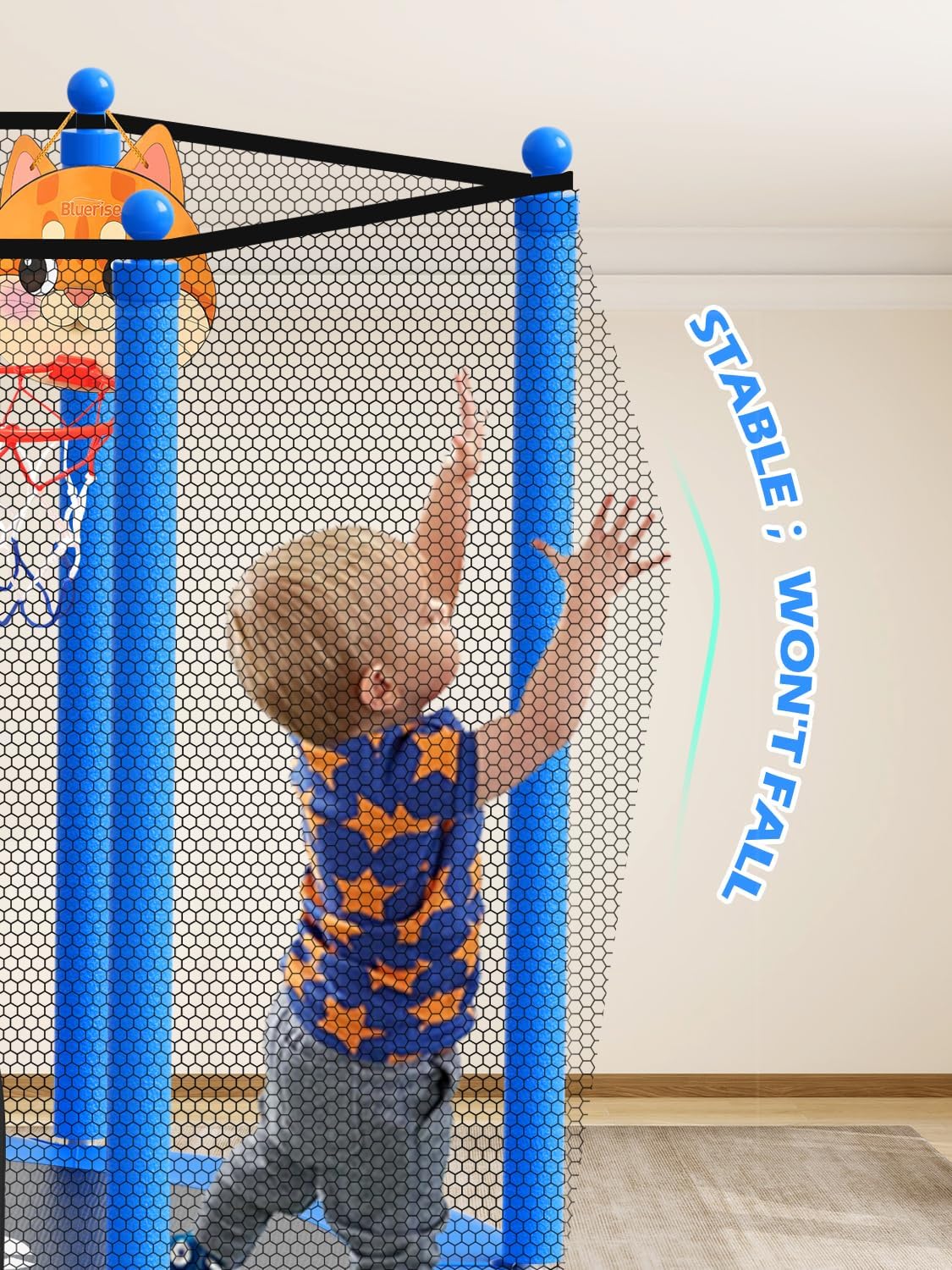 Detalle de BLUERISE 55in 6ft Toddler Trampoline with Enclosure Net and Basketball Hoop Attachment