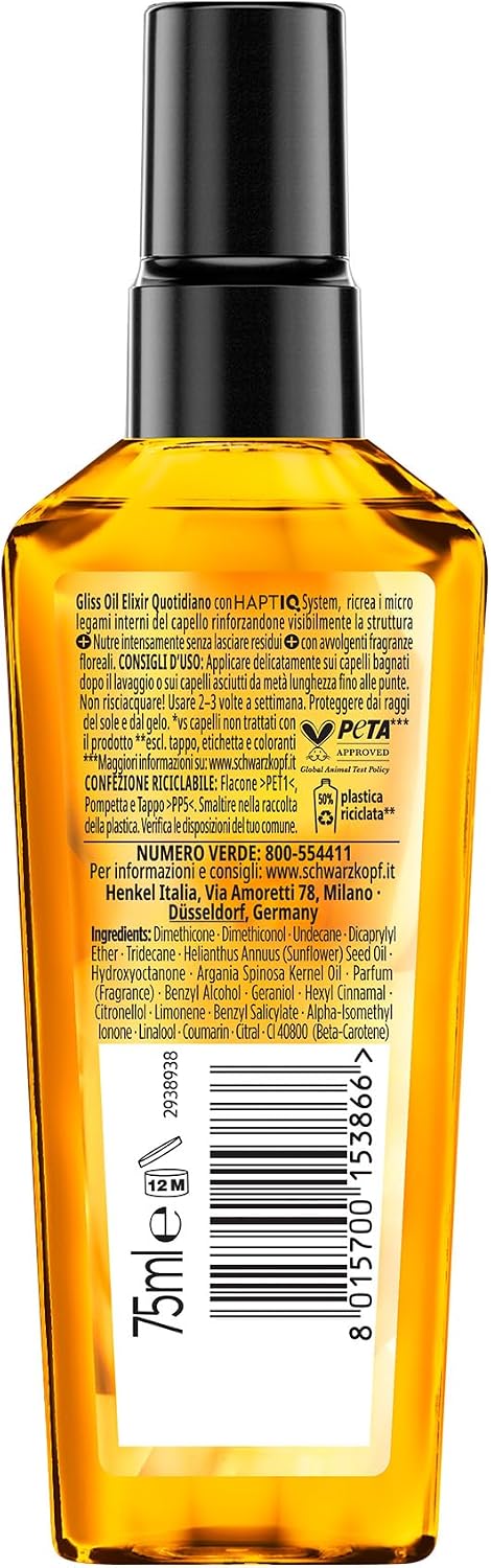 Detalle de Schwarzkopf Gliss Oil Elixir Quotidiano 75 ml: olio nutriente per capelli danneggiati, con HAPTIQ System