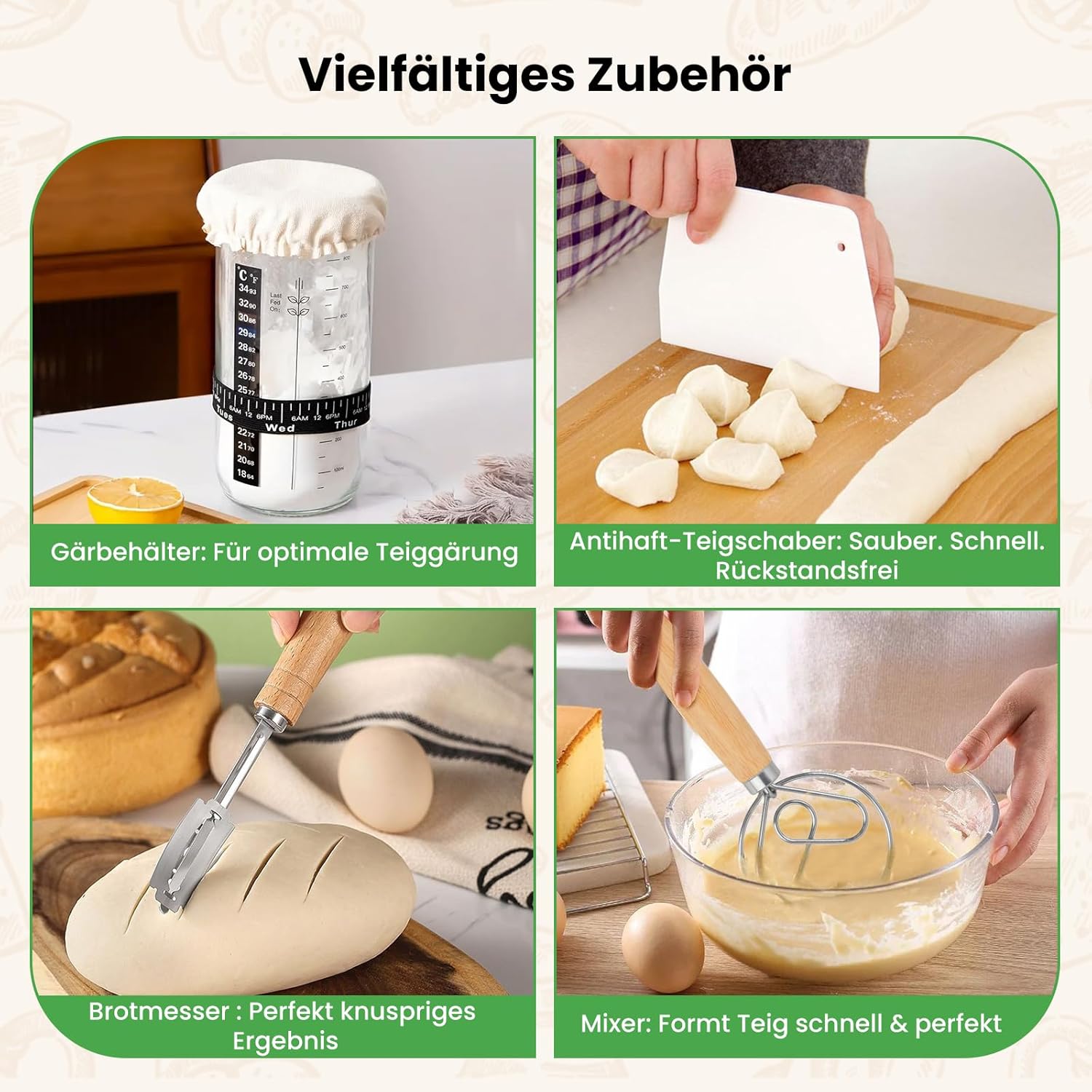 Detalle de GEEKHOM Sauerteig Starter Set mit 2 Gärkörben – Komplettes 14-teiliges Backzubehör für Anfänger