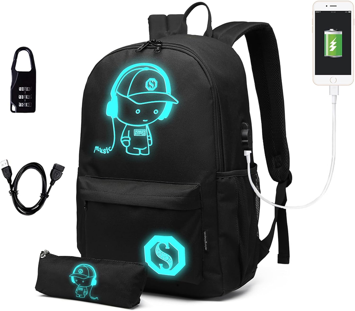 Detalle de Kono Luminous Anime School Backpack | 15.6 inch Laptop Backpack in Black