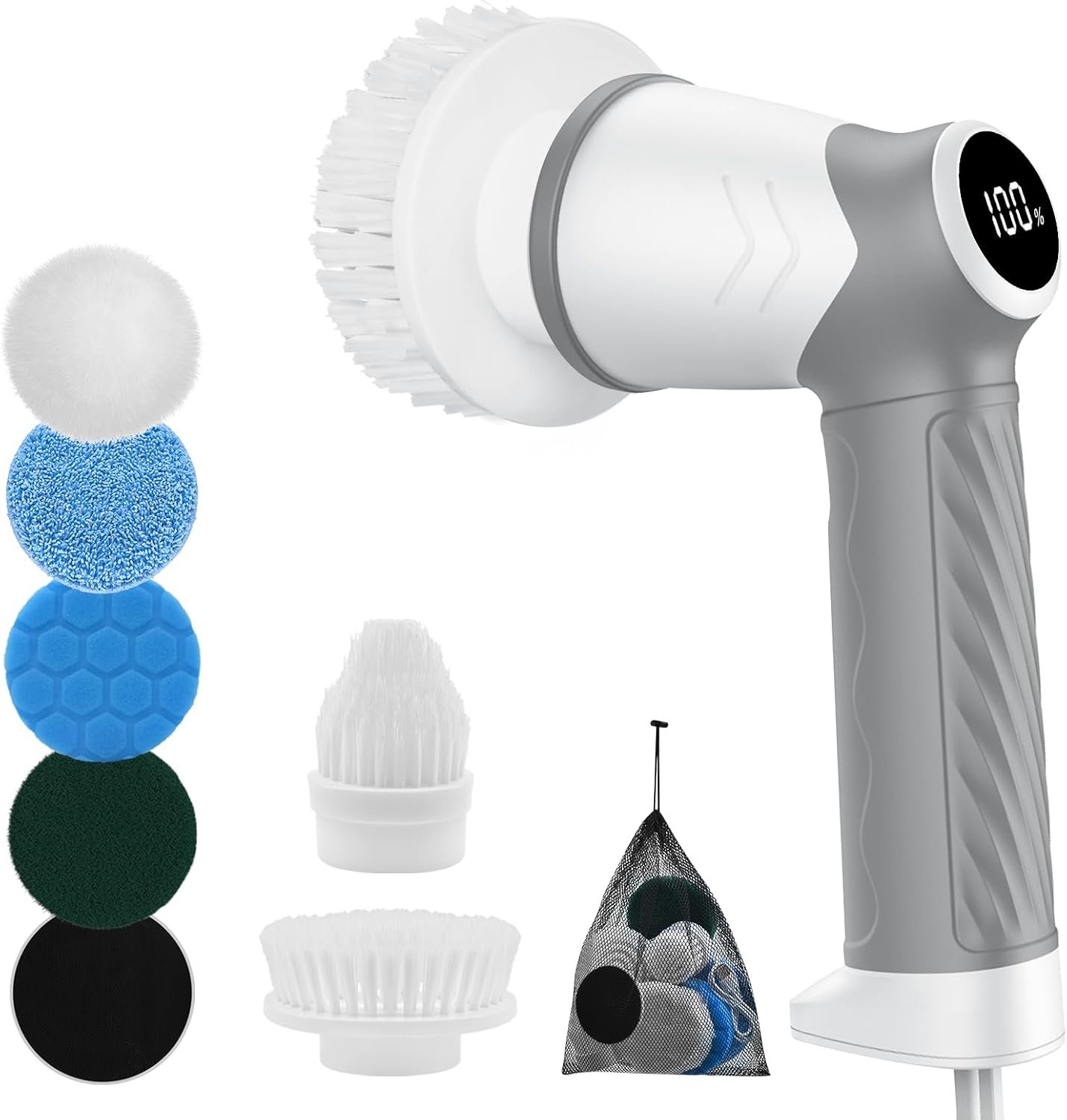 Detalle de BOOHENKA Elektrische Reinigungsbürste Upgraded 360° Spin Scrubber mit 6 Austauschakgaben – 5 Bürstenköpfe, 2000 mAh Akku, LED-Anzeige