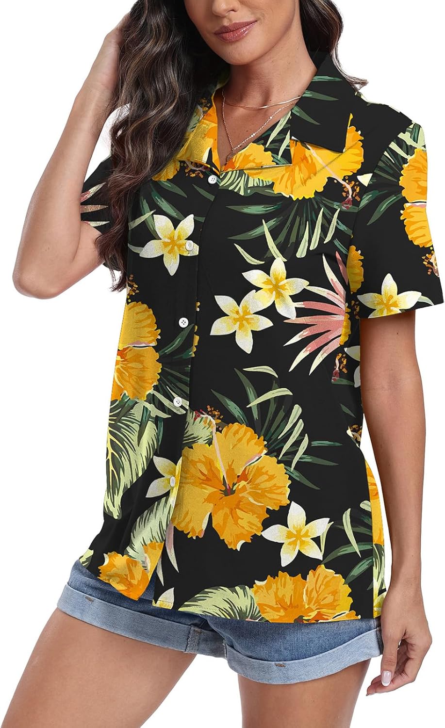 Thumbnail 1 de YUNDAI Women's Hawaiian Short Sleeve Button-Down Shirt with Floral Tropic Print