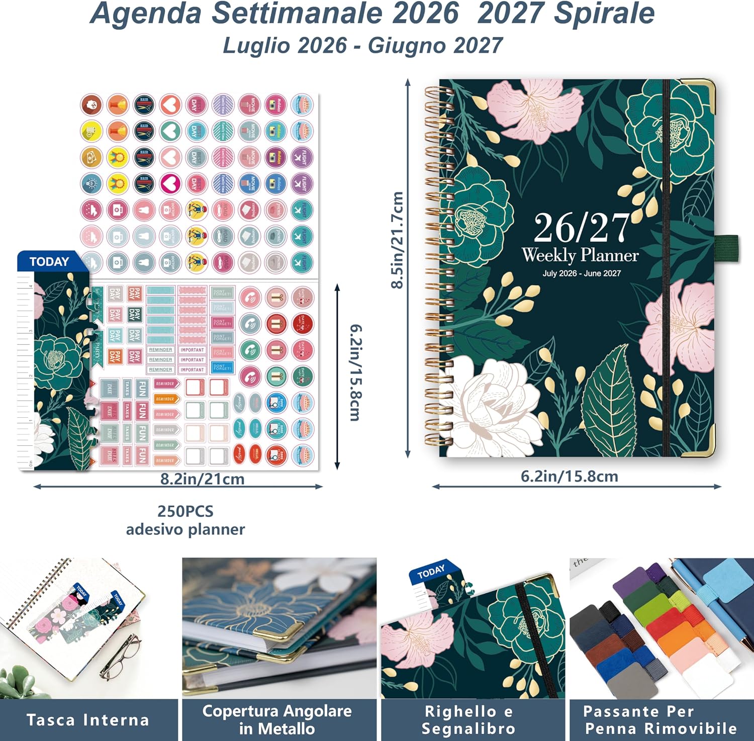 Detalle de Gumiho Agenda Settimanale 2026/2027 Spirale A5 Verde scuro: agenda scolastica con anello di penna e adesivi