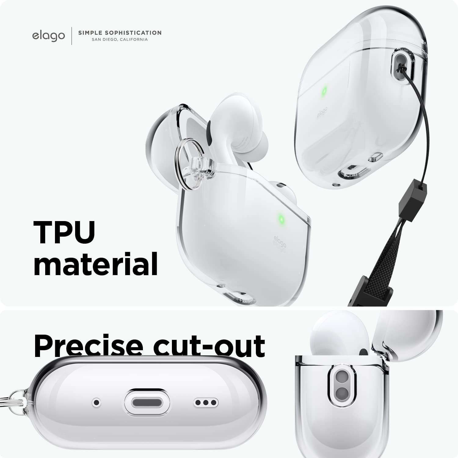 Detalle 2 de elago Coque transparente en TPU pour Apple AirPods Pro 2e génération, avec porte-clés et ruban gel inclus
