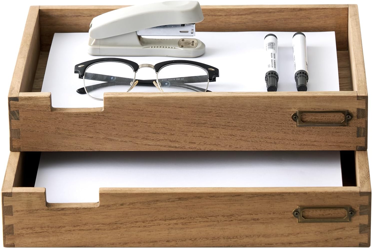 Detalle de KIRIGEN stapelbare houten bureau-organizers, set van 2 met metalen labelhouders