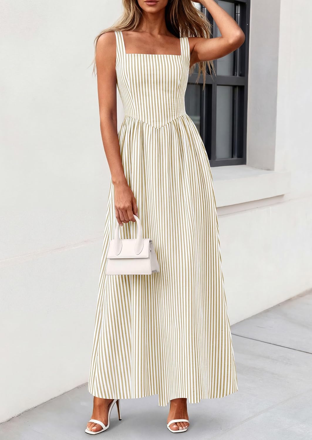 Detalle 2 de PRETTYGARDEN Women's Maxi Dress - Summer Striped Sundress, Sleeveless Square Neck, Smocked Back, Pockets