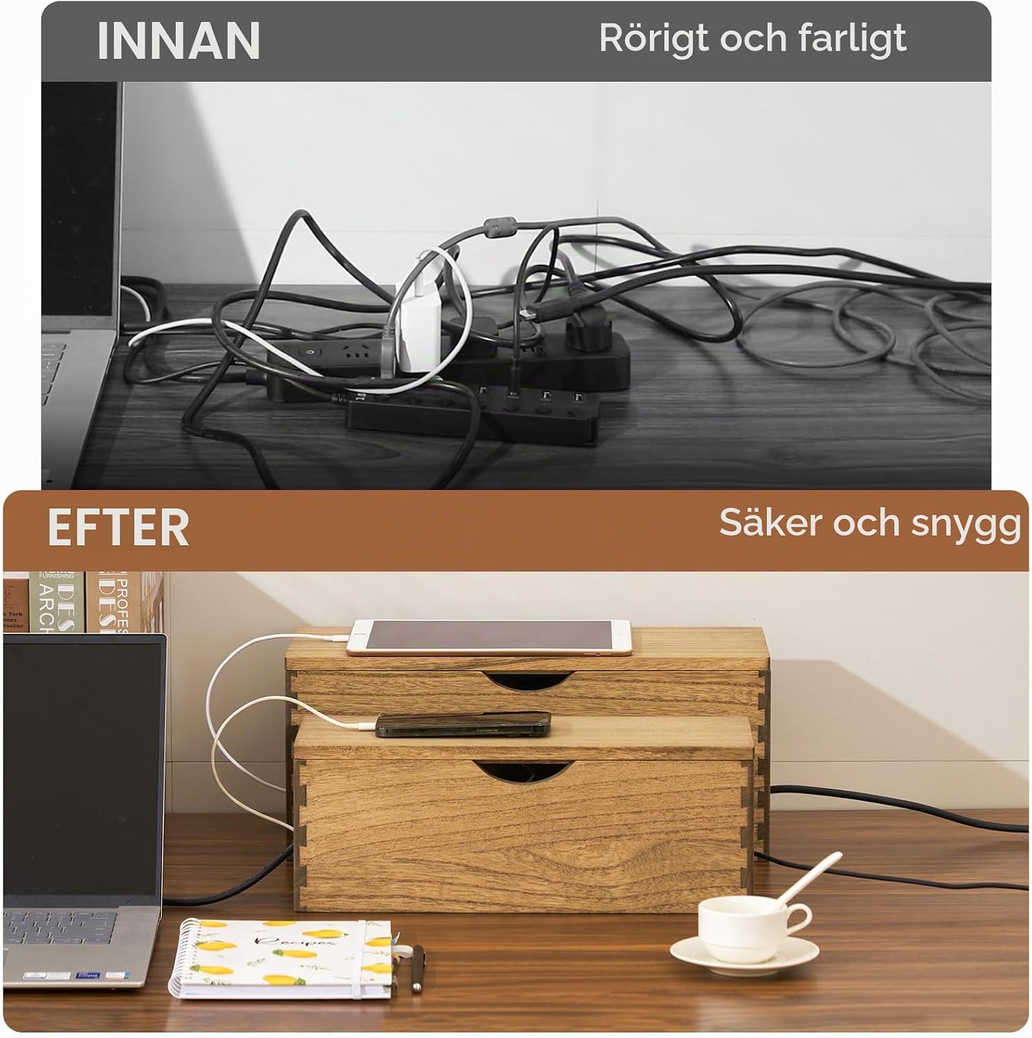 Detalle de KIRIGEN kabelbox i massivt paulowniaträ, 2-pack med gångjärnslock, mörkbrun