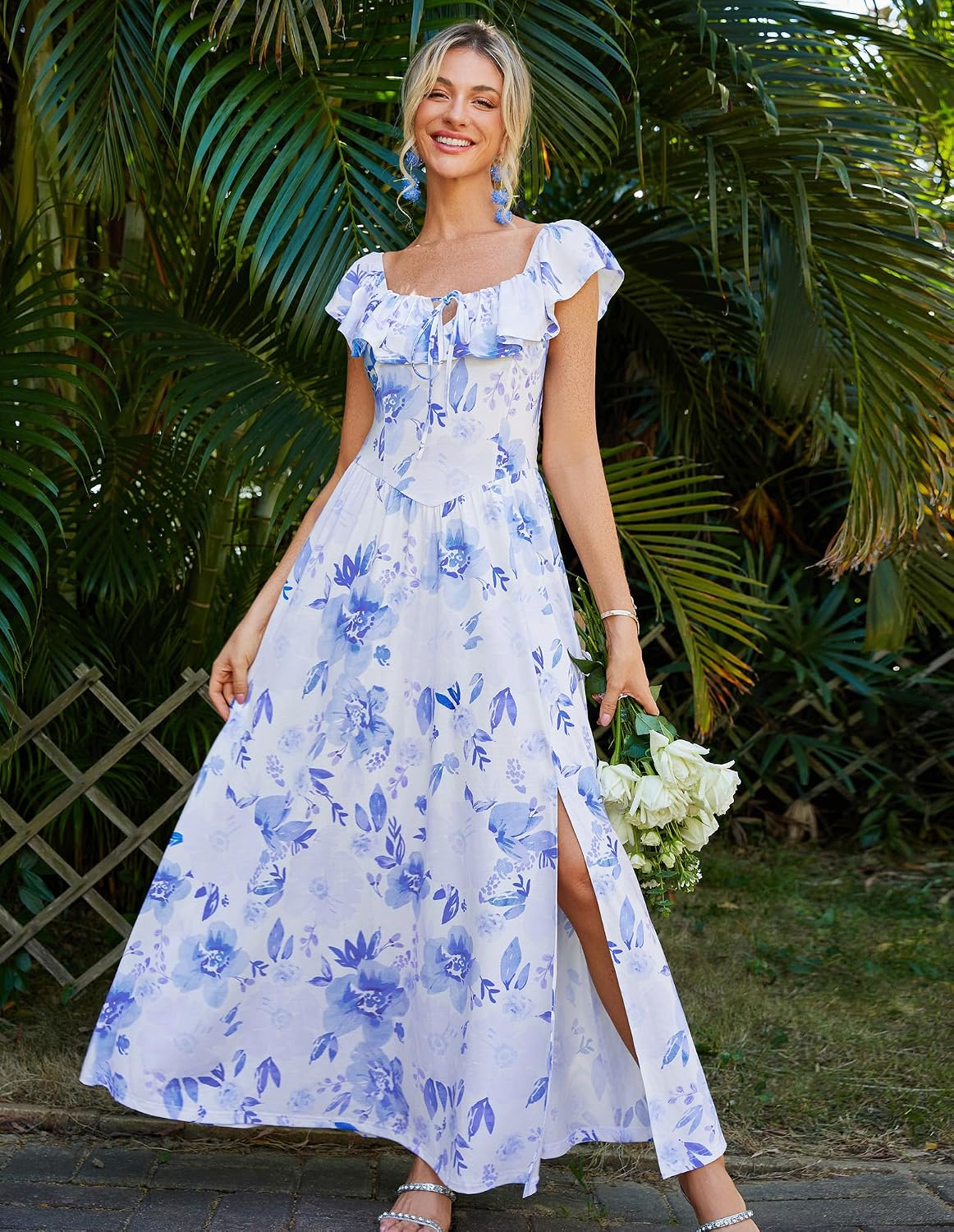 Detalle de GRACE KARIN Abito Estivo da Donna Lungo con Spalle Scoperte, Volant e Spacco: stile boho e praticità con tasche