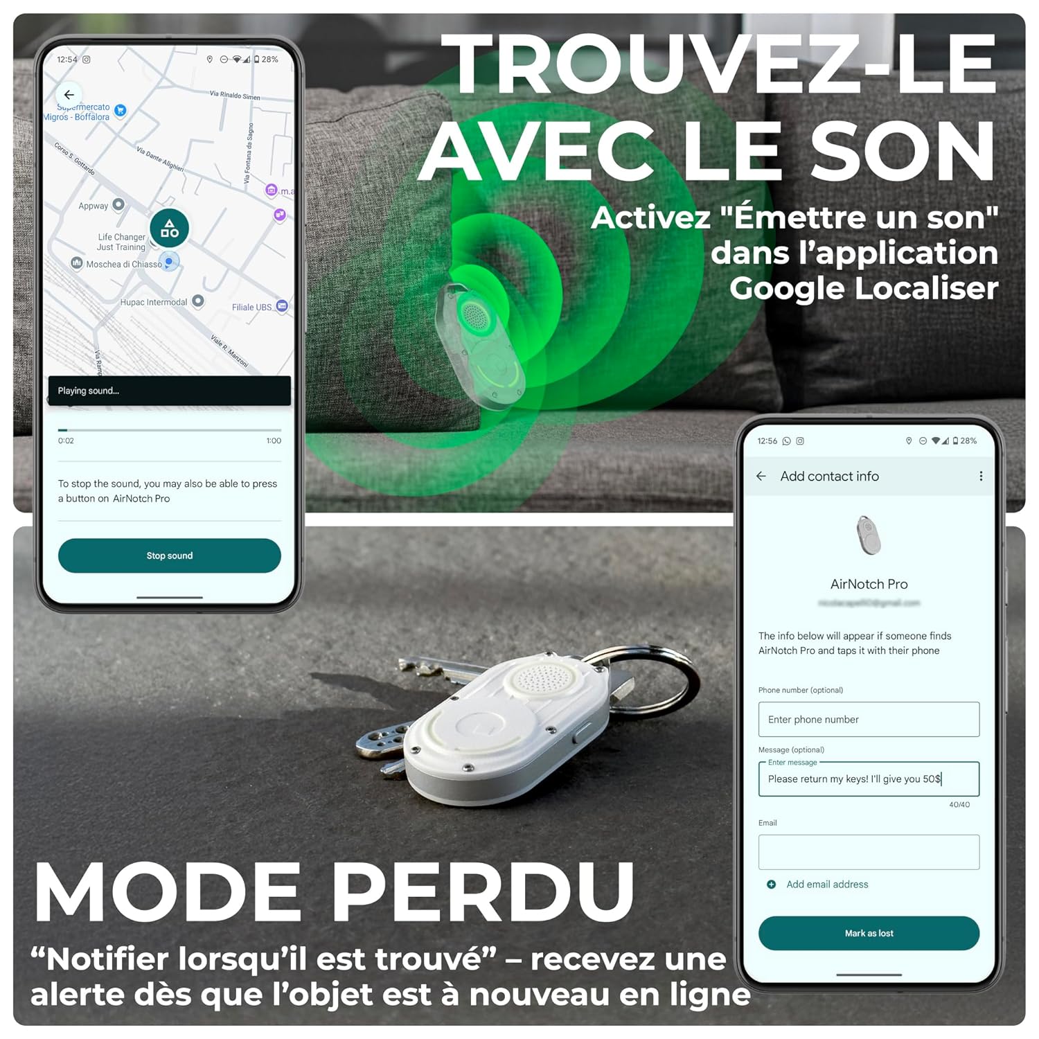 Detalle 1 de Rolling Square AirNotch Pro – Porte-clé Bluetooth IP68 avec Find Hub, localisateur lumineux et alertes 360°