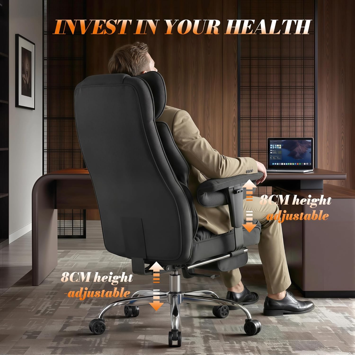 Thumbnail 4 de Efomao Big and Tall Office Chair (200kg) with Footrest – heavy duty executive desk chair in black
