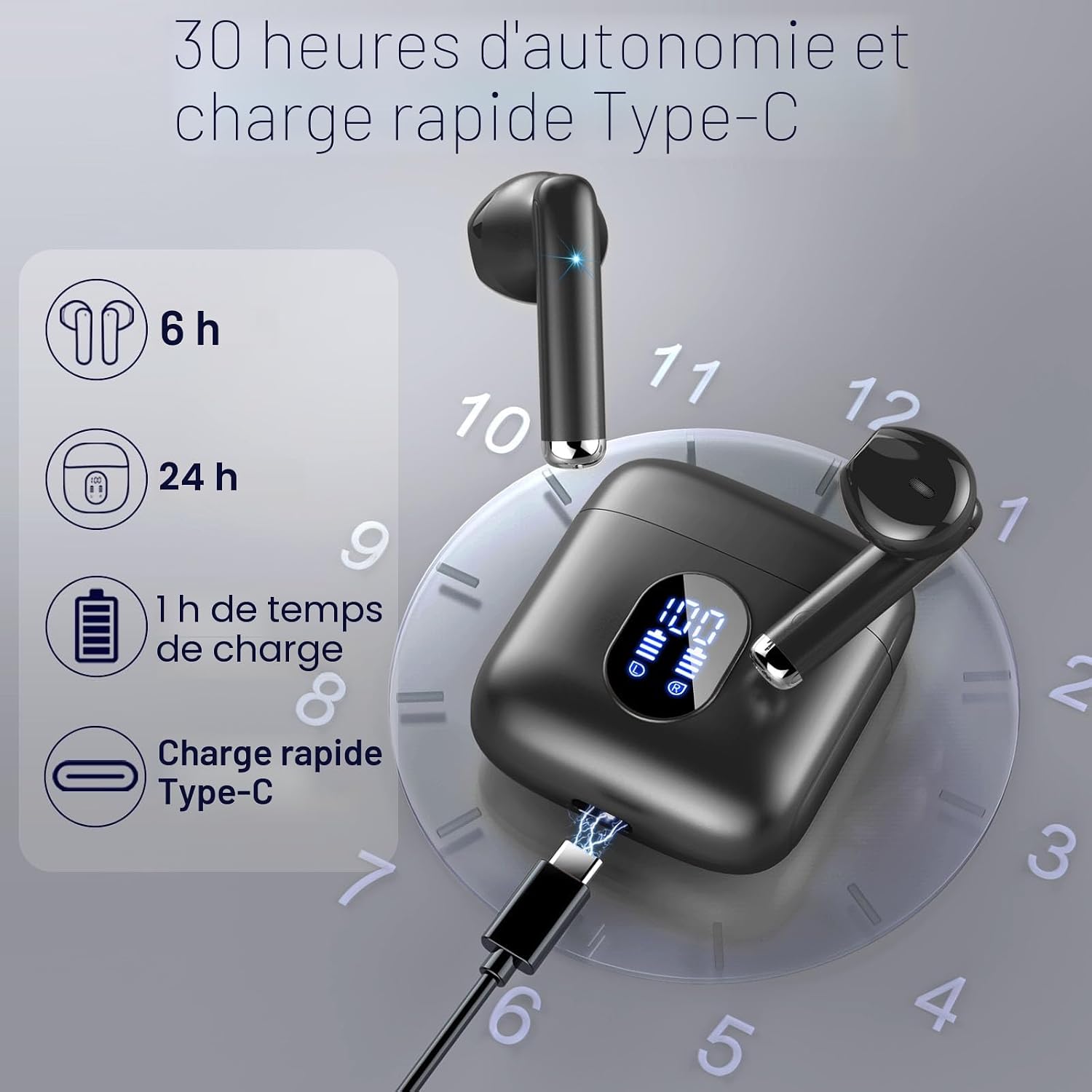 Thumbnail 6 de Écouteurs Bluetooth sans fil Bluetooth 5.4 avec ENC, HiFi stéréo et réduction de bruit (jusqu’à -48 dB) — 30 h, IP7