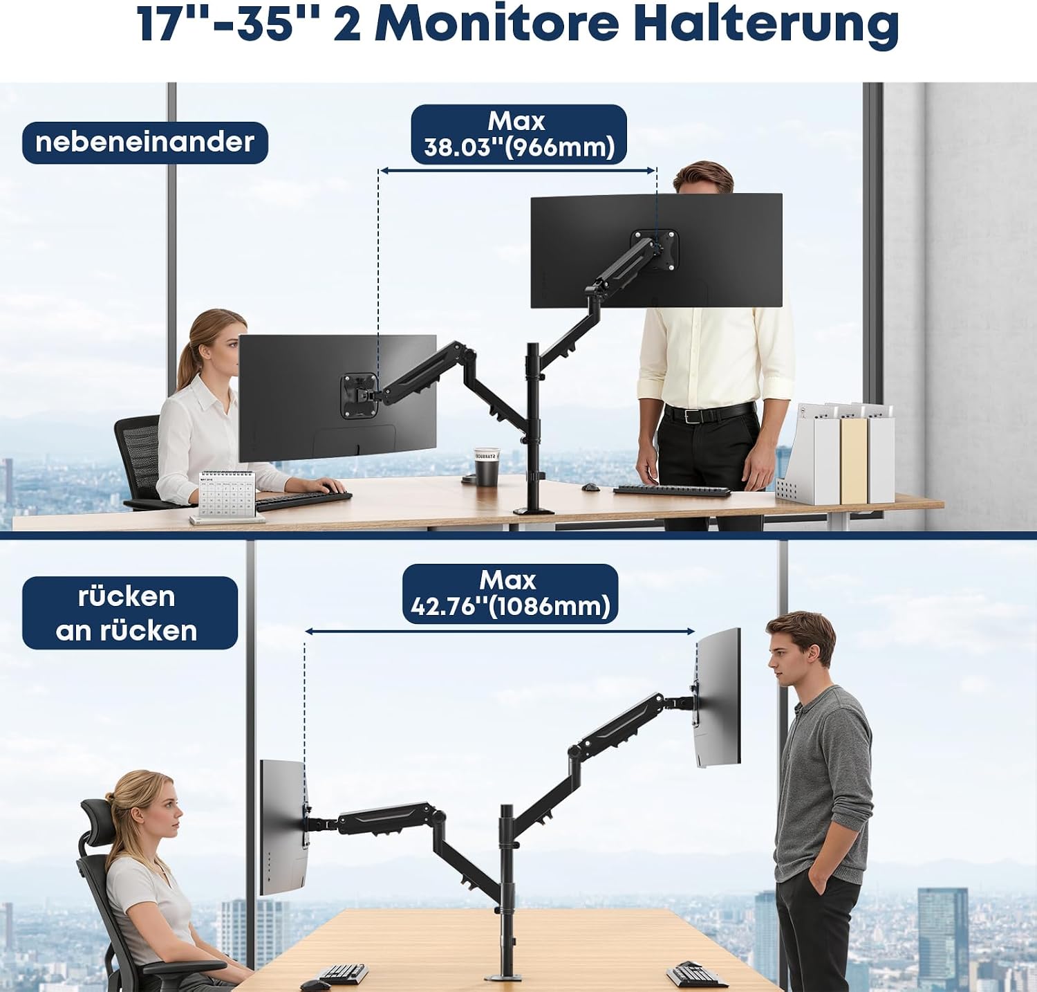 Detalle de STANDOPIA Monitor Halterung 2 Monitore für 17–40 Zoll (bis 12 kg), VESA 75/100, vertikal & parallel