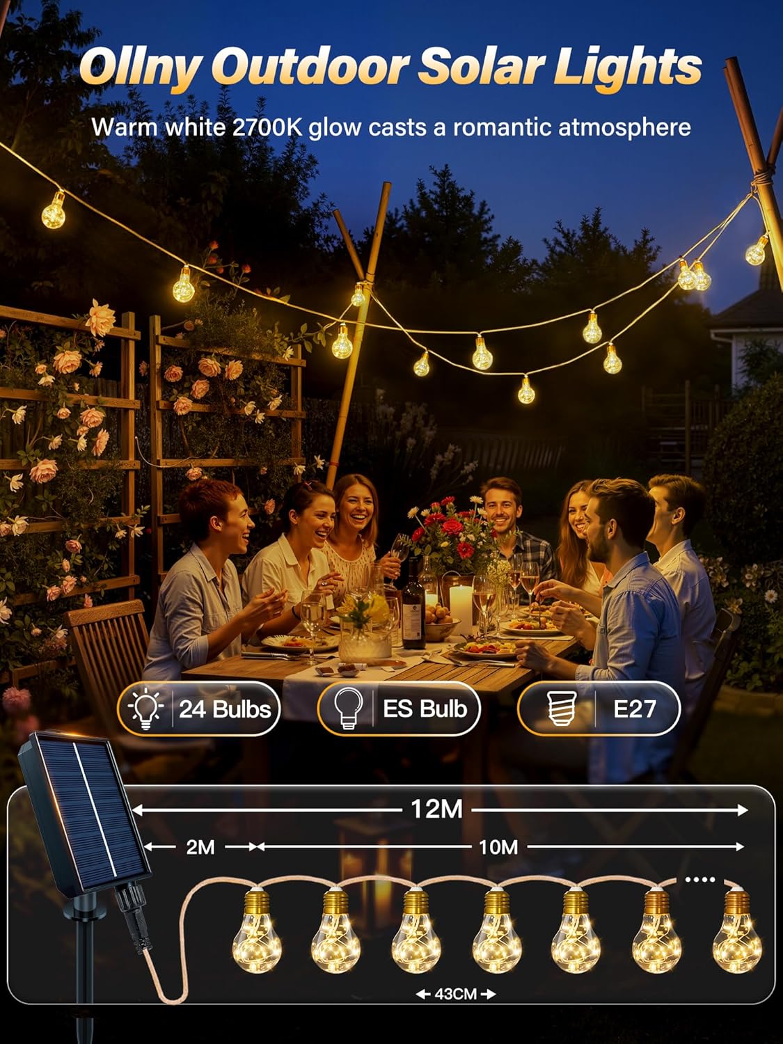 Thumbnail 1 de Ollny Solar Festoon Lights (12m) with Remote, Hemp Rope Effect & 24 Shatterproof Bulbs