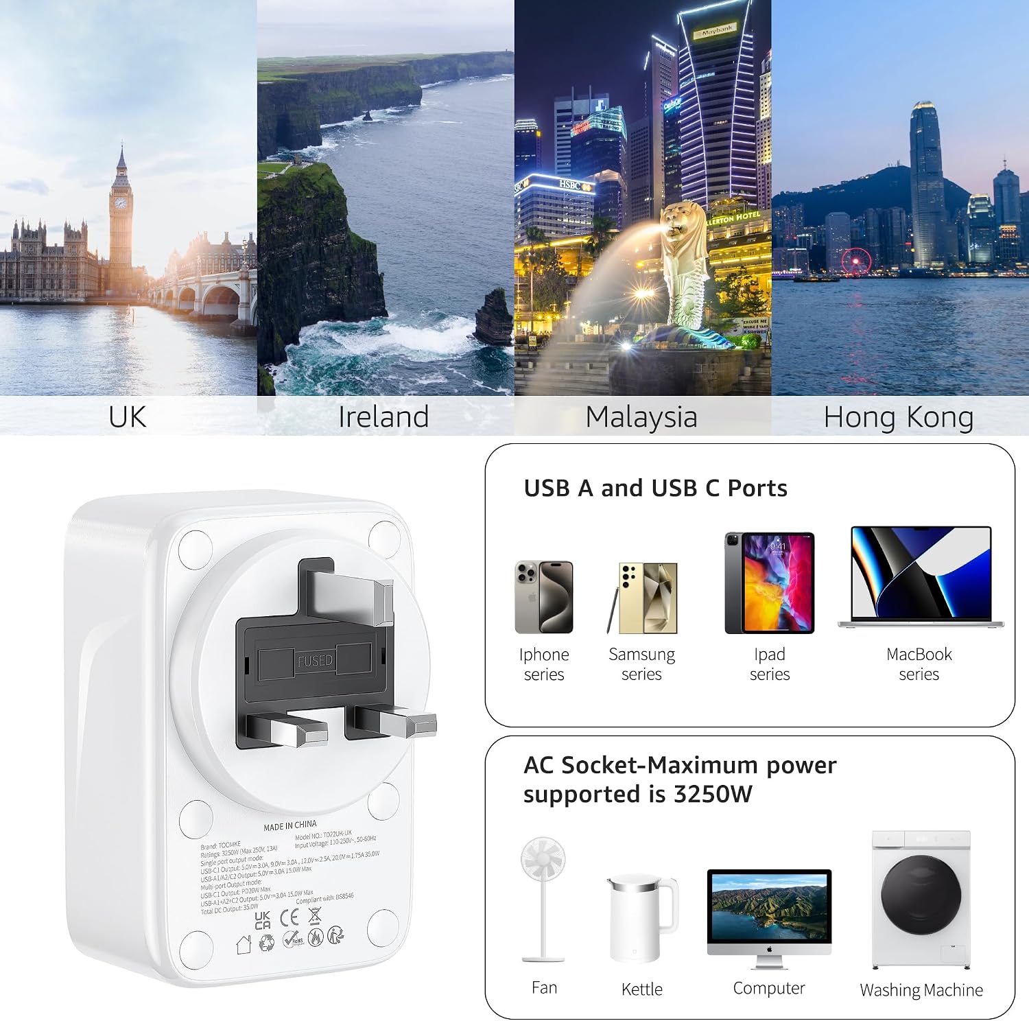 Detalle 2 de TOOMKE Multi Plug Socket PD 35W USB C