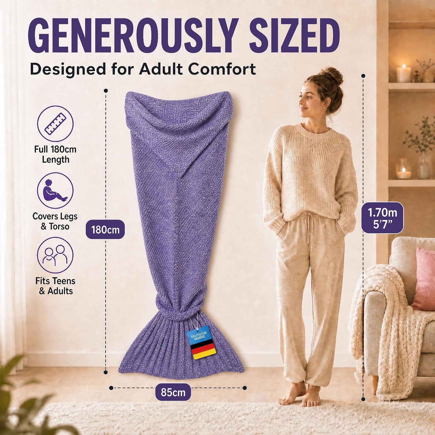 Detalle 2 de Feluna Mermaid Tail Blanket, knitted acrylic blanket, 180 x 85 cm, violet purple