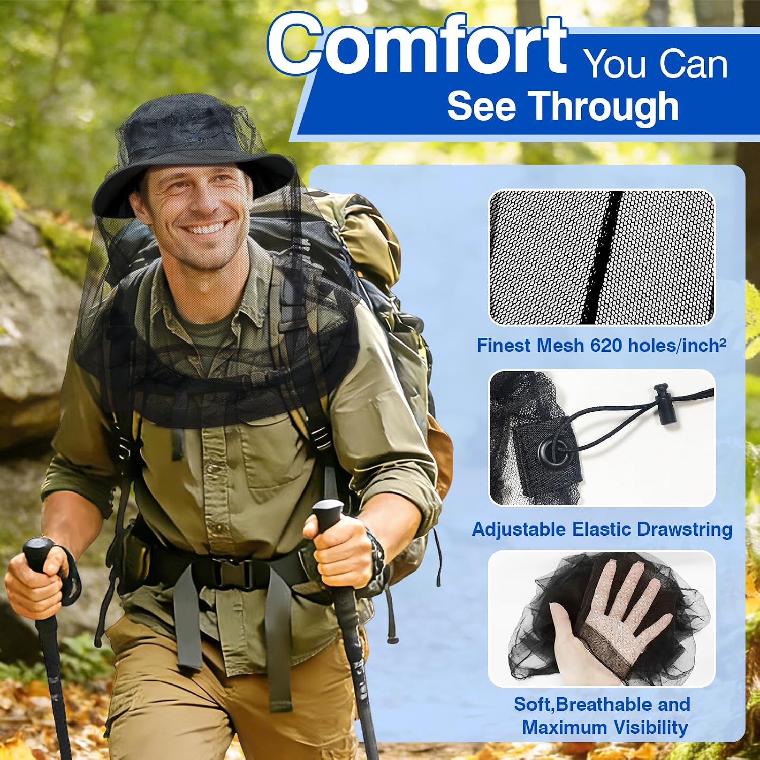 Detalle de DIZKOUZ 2 Pack(Adult) Mosquito Head Net, 620-Hole Mesh, Black Polyester