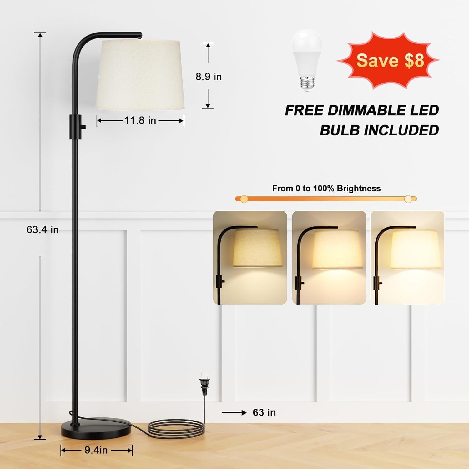 Detalle 2 de Ambimall H6I7J10 Dimmable Floor Lamp with Adjustable Head and 9W LED