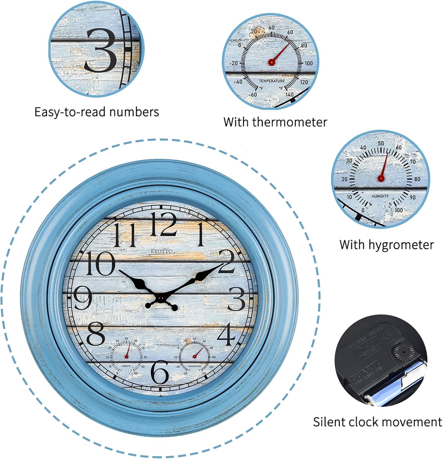 Detalle de eYotto 18-Zoll Große Innen-/Außen-Wanduhr mit Thermometer & Hygrometer – wasserdicht, batteriebetrieben, geräuschlos, Blau, Oversize
