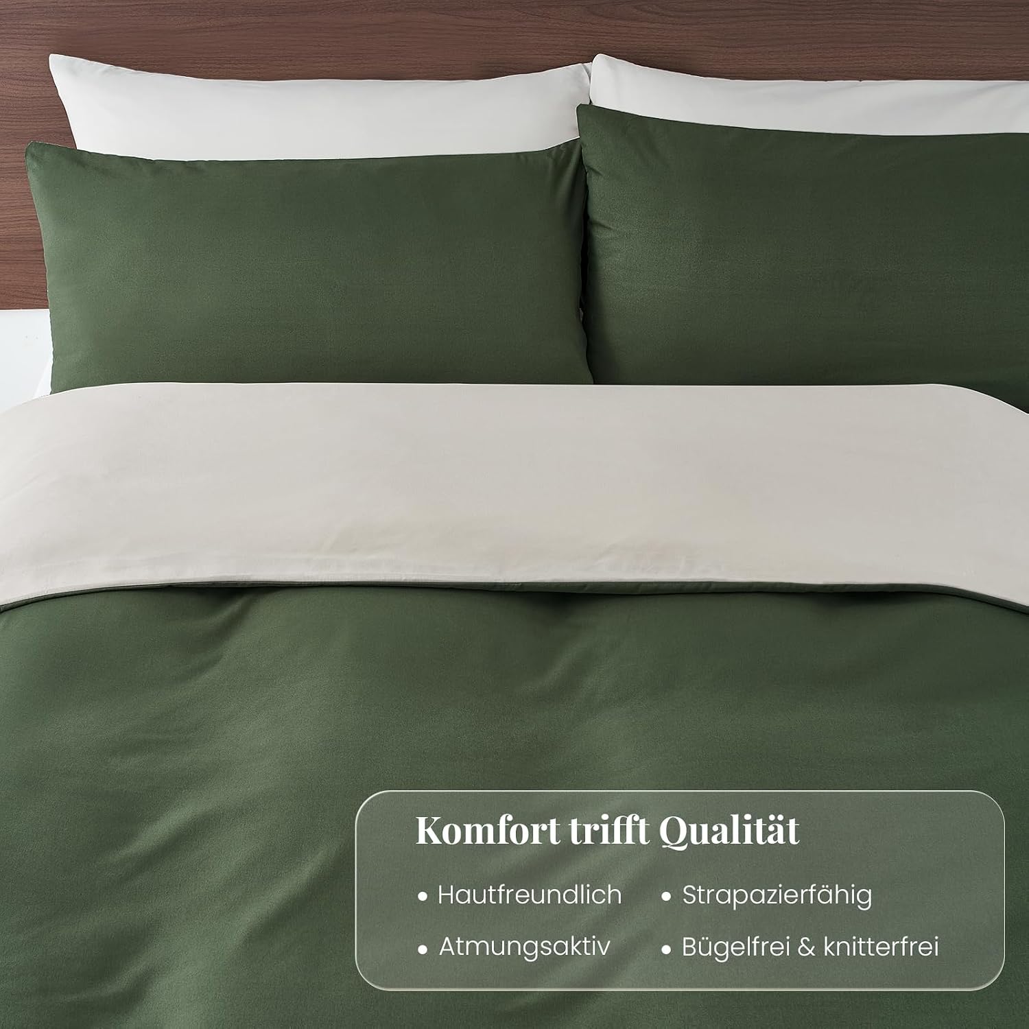 Detalle de Duvetnova Bettwäsche-Set 135x200 (4-teilig) Olivgrün/Beige mit Reißverschluss