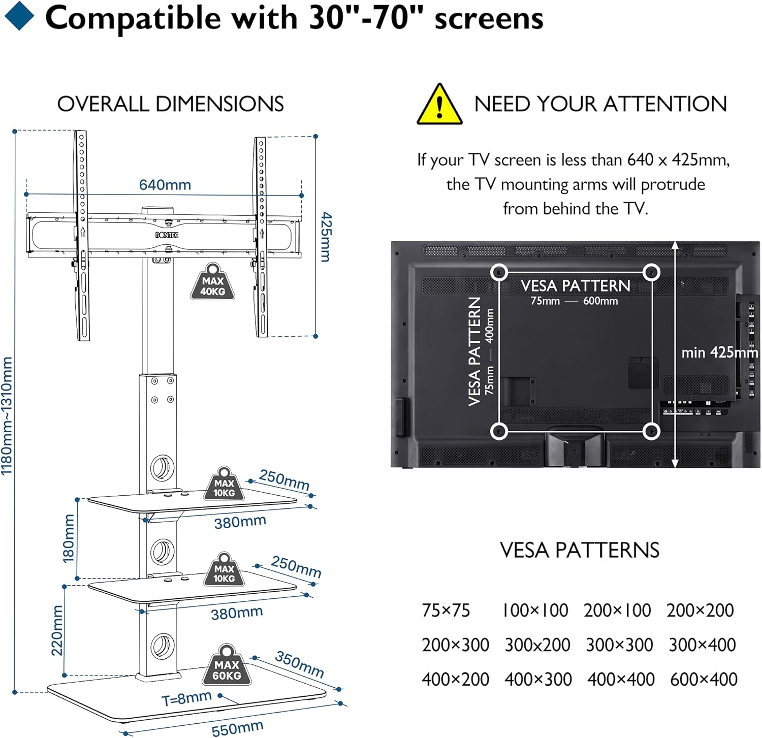 Thumbnail 4 de BONTEC Universal TV Stand 30–70 inch, height adjustable