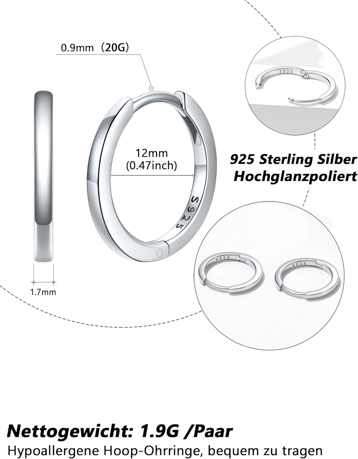 Thumbnail 3 de Silvora Kleine Creolen Silber 6–18 mm Hoop Ohrringe