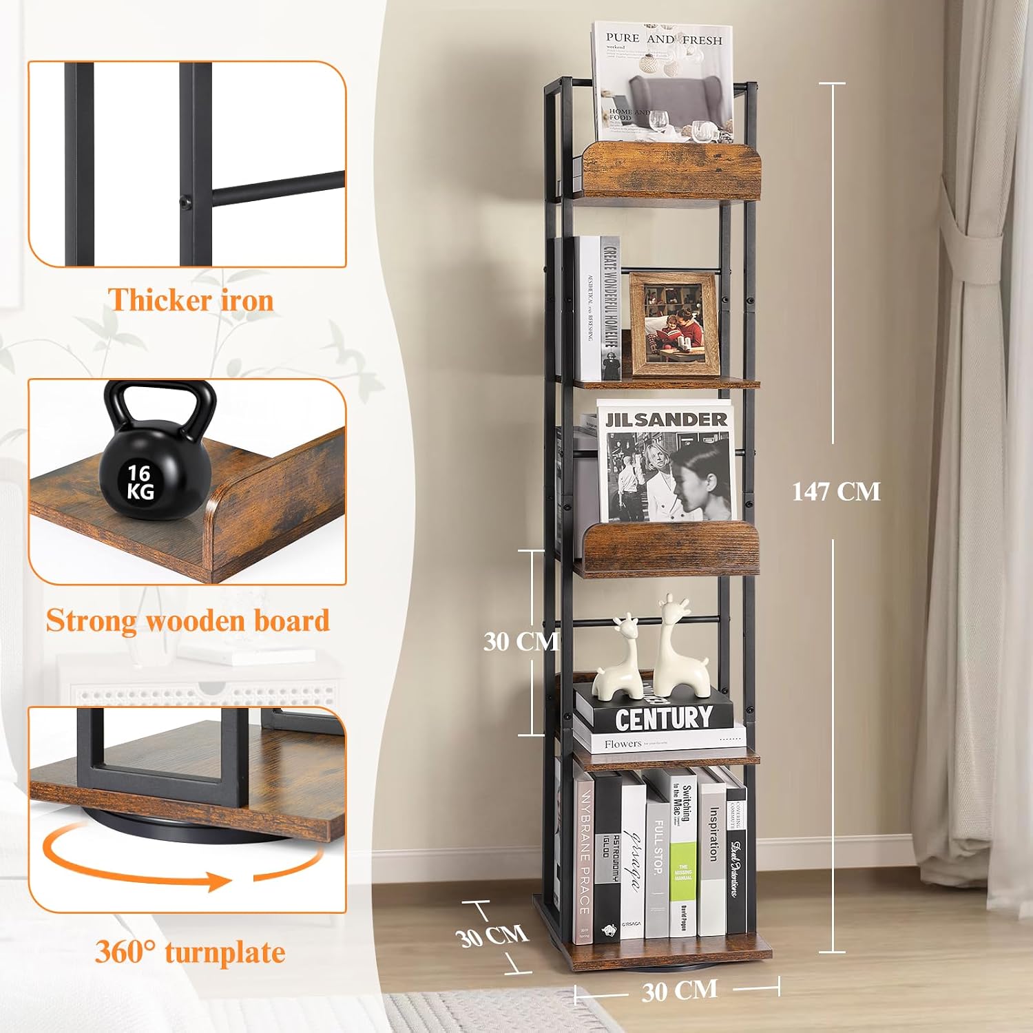Thumbnail 2 de Bikoney 5-Tier Rotating Corner Bookshelf