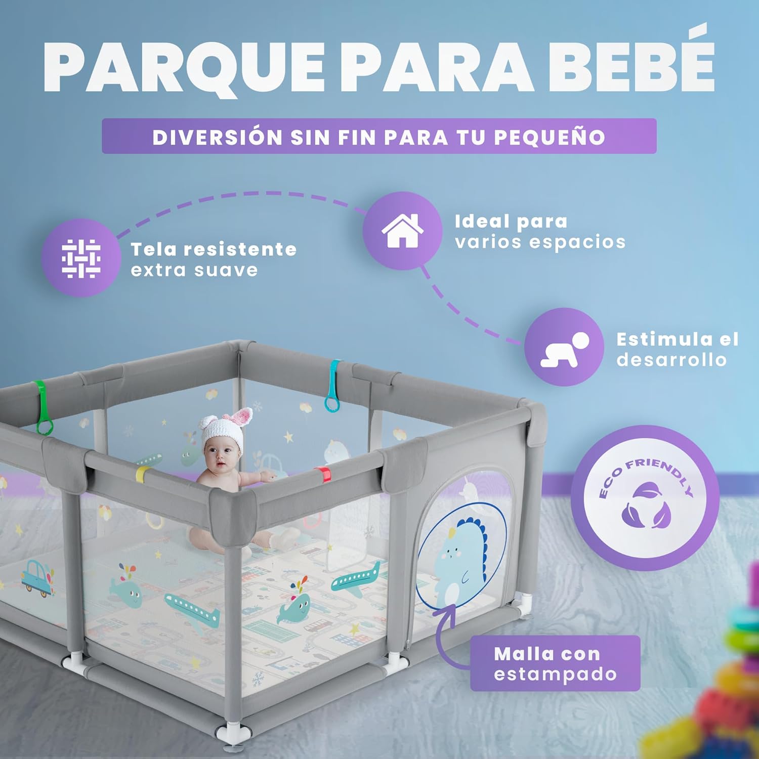 Detalle 2 de JUPPLIES Parque Infantil Bebé 120cm - Seguridad y Diversión