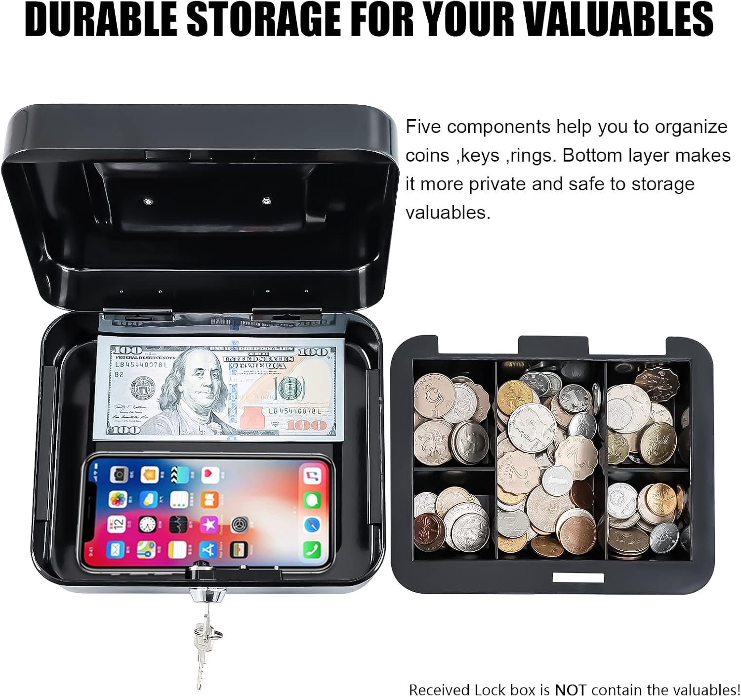 Detalle de KYODOLED GT-CBK-M-BLACK Small Metal Lock Box with Key, Removable Tray
