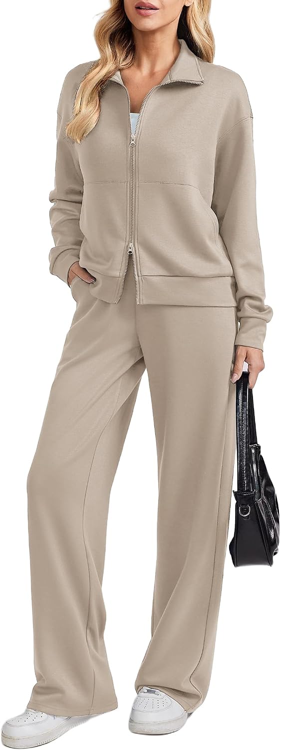 Detalle de PINSPARK Women's Two-Piece Tracksuit with Two-Way Zip Top and Wide-Leg Pants