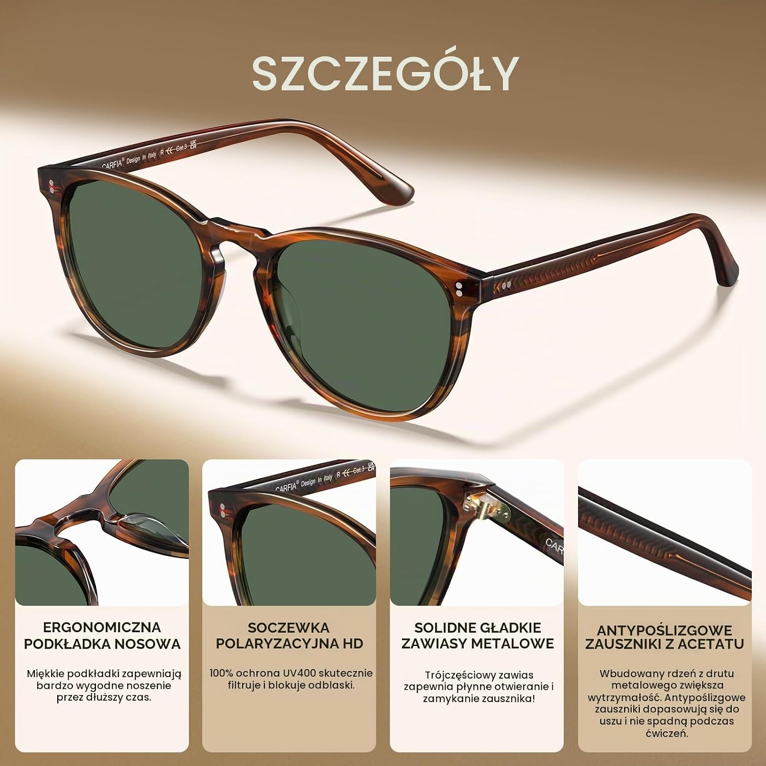 Detalle de CARFIA CA2307 – polaryzacyjne okulary przeciwsłoneczne UV 400 z metalem i acetatem