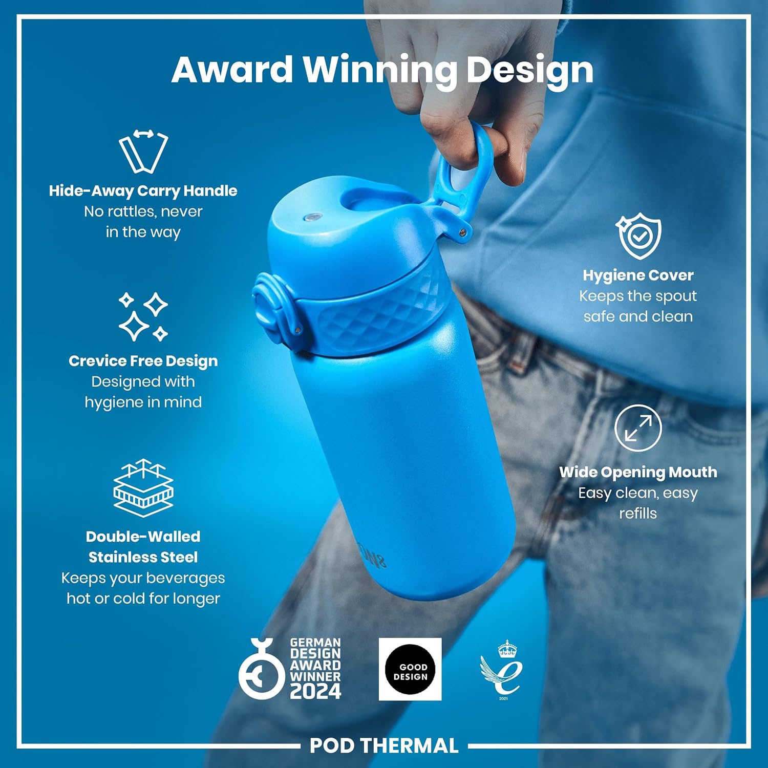 Detalle de ION8 Vacuum Insulated Steel Water Bottle (320 ml) – Leak Proof, Easy Open, Dishwasher Safe