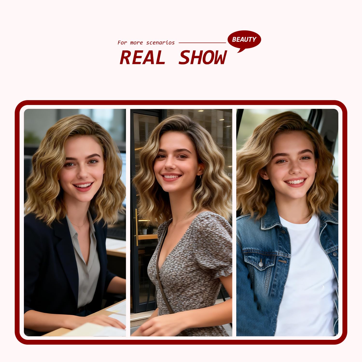 Detalle 2 de Bkiyyi Brown Wavy Bob Wig, 14in 9x1 Lace Front, Free-Part Synthetic