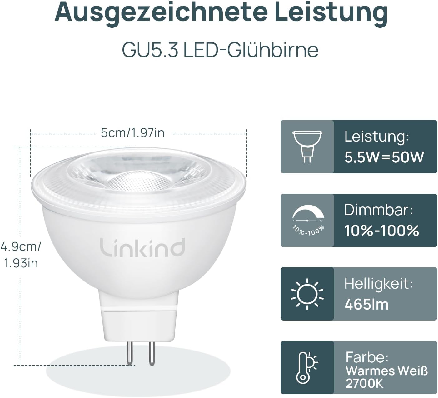 Detalle 2 de Linkind dimmbar GU5.3 MR16 LED 5,5 W (entspricht 50 W), 2700 K, 36° Abstrahlwinkel – 5er-Set