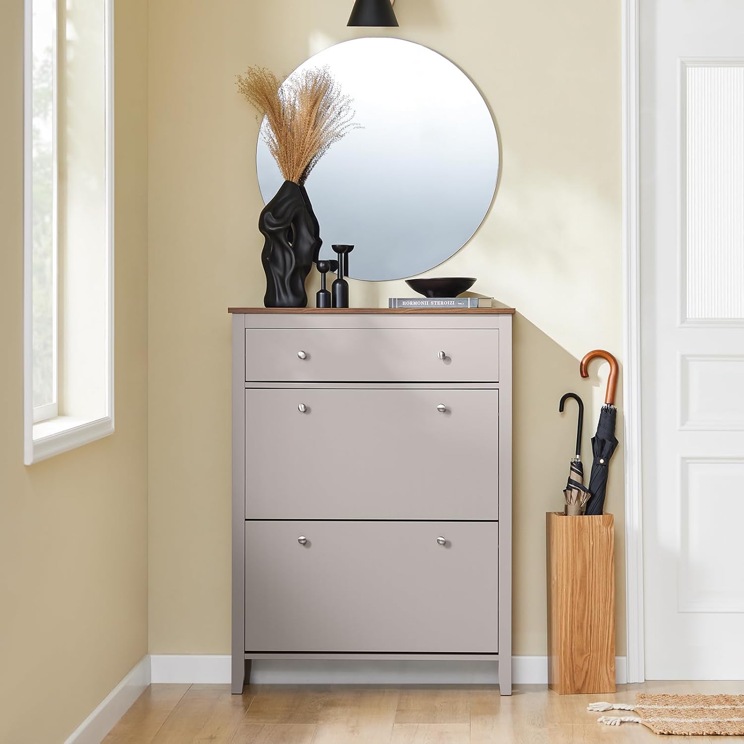 Detalle de SoBuy Meuble Chaussure Entrée – Grand rangement 12 paires, MDF E1, Marron clair (FSR89-KA)