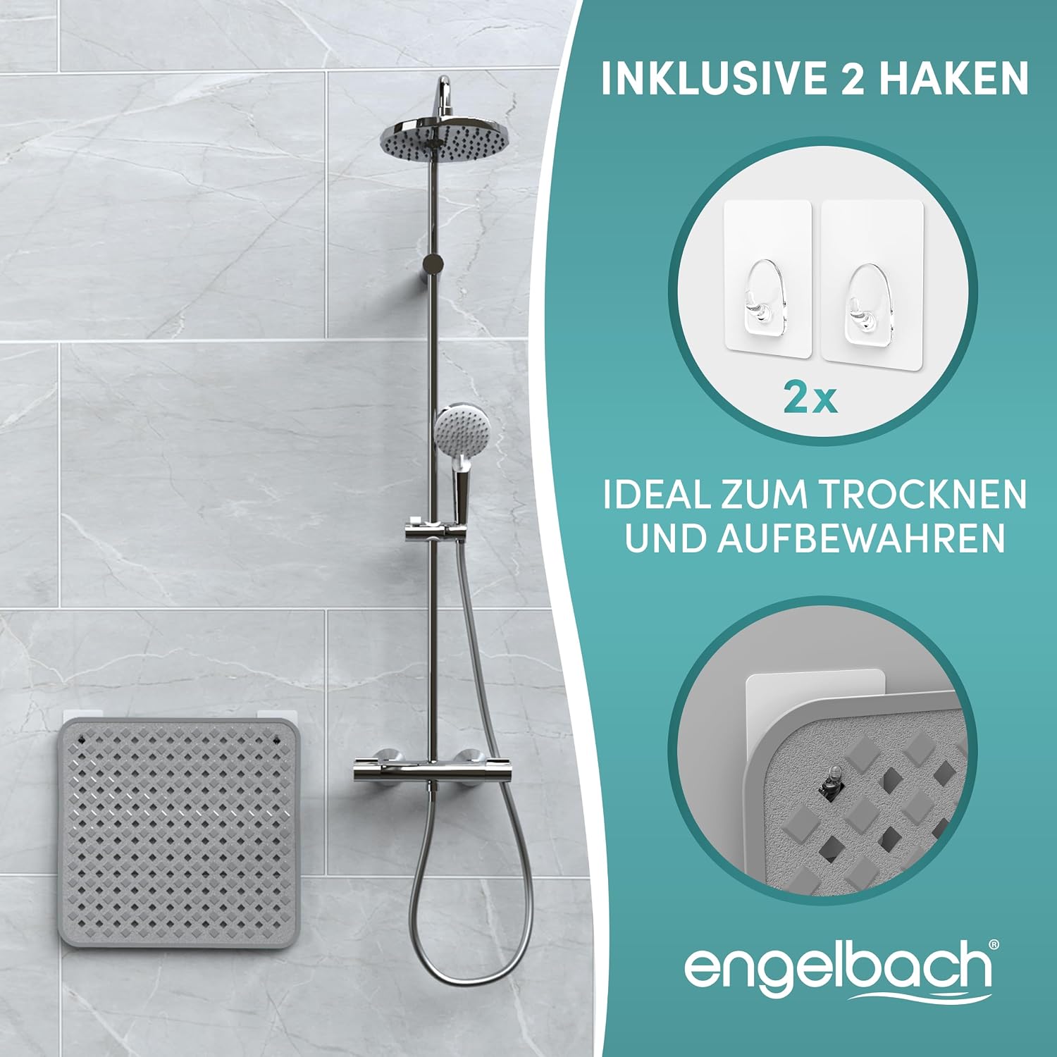 Detalle de Engelbach Duschmatte rutschfest 53x53 cm – antibakteriell, BPA-frei, inkl. zwei Haken