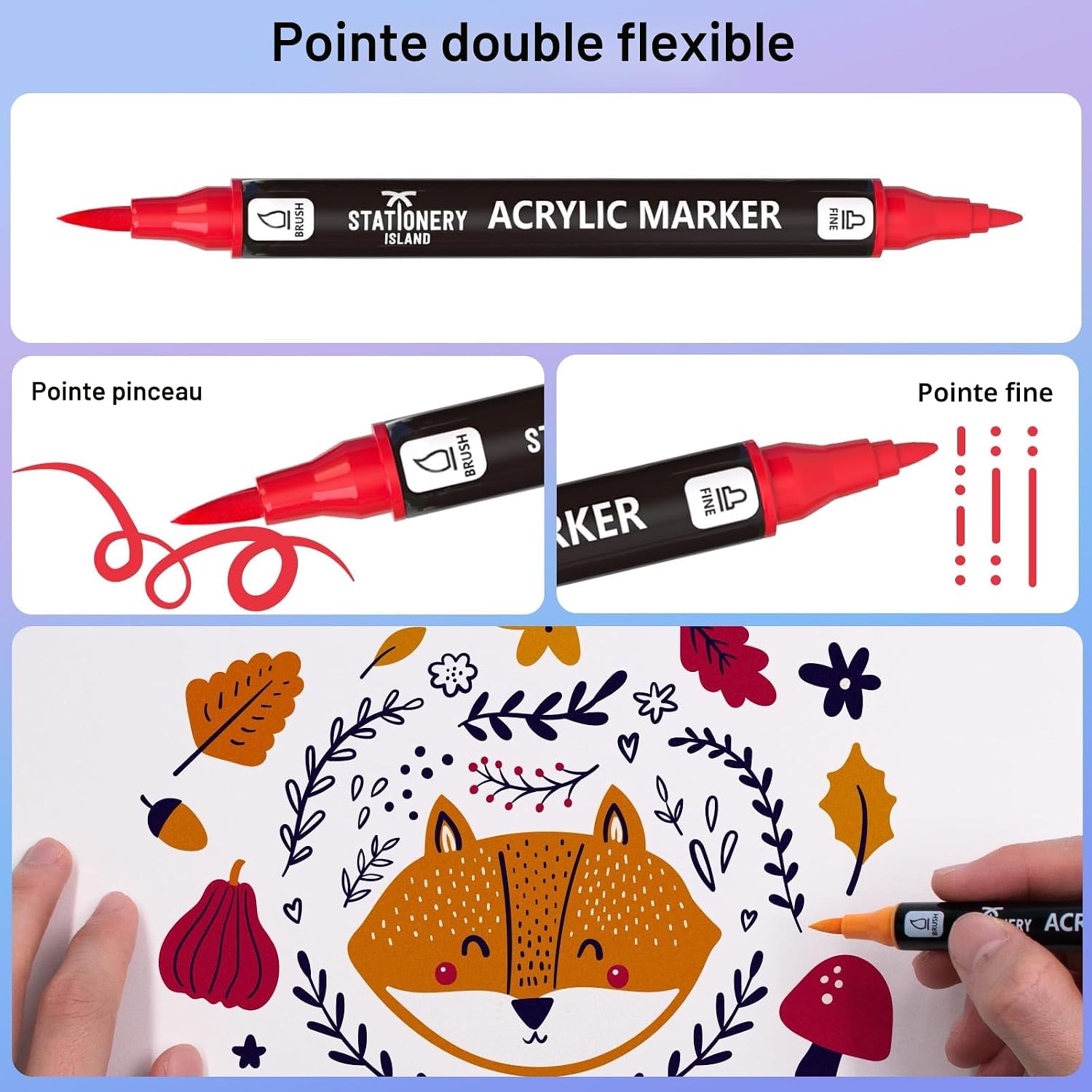 Thumbnail 4 de STATIONERY ISLAND Feutre Acrylique – Ensemble 36 couleurs, double pointe (fine et pinceau) pour roche, tissu, bois, verre et papier