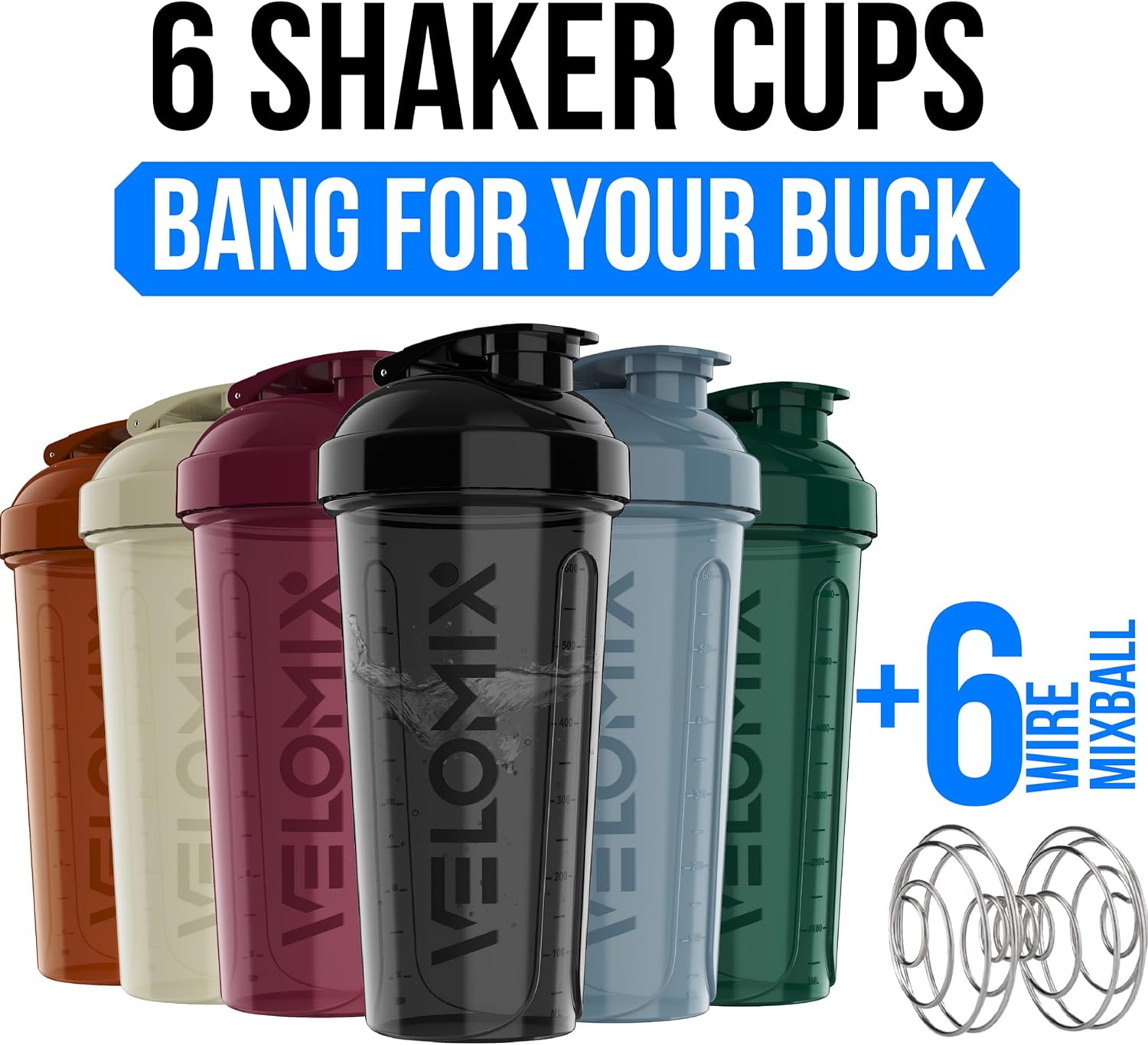 Thumbnail 1 de VELOMIX 6-Pack 828ml Protein Shaker Bottles with Wire Mixball (BPA-Free, Leak Proof)